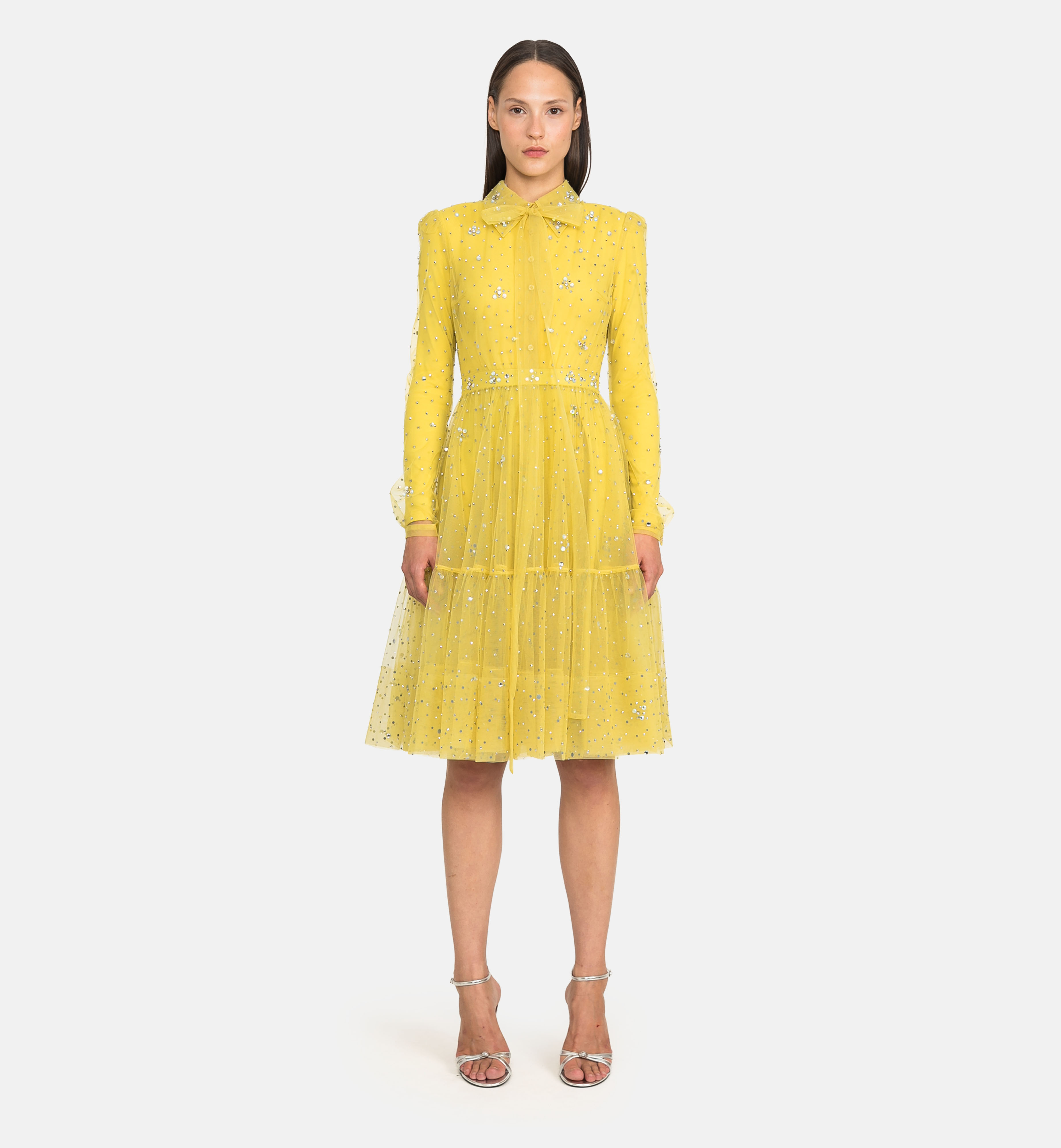 Buttoned tulle dress with stones, yellow