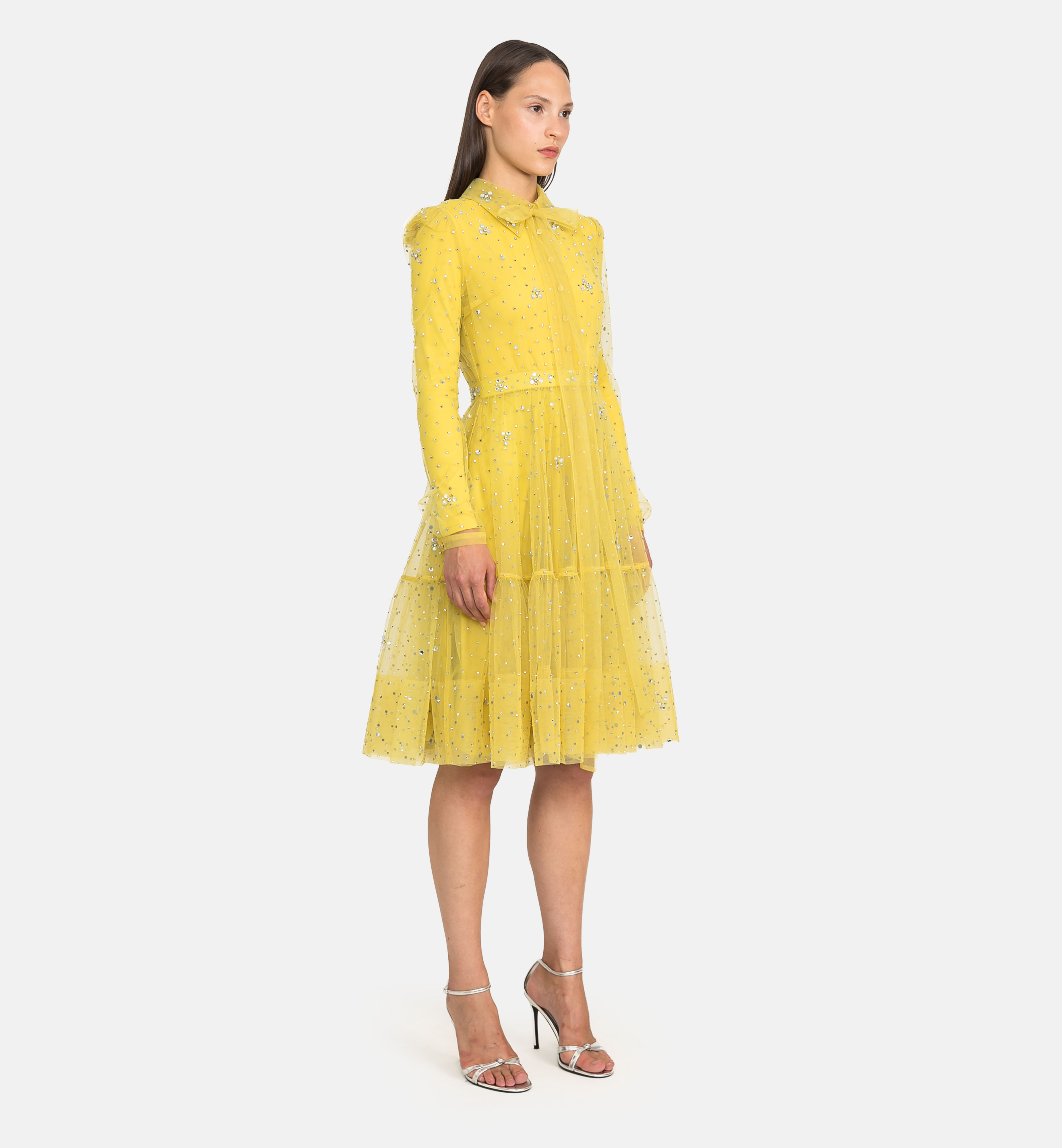 Buttoned tulle dress with stones, yellow