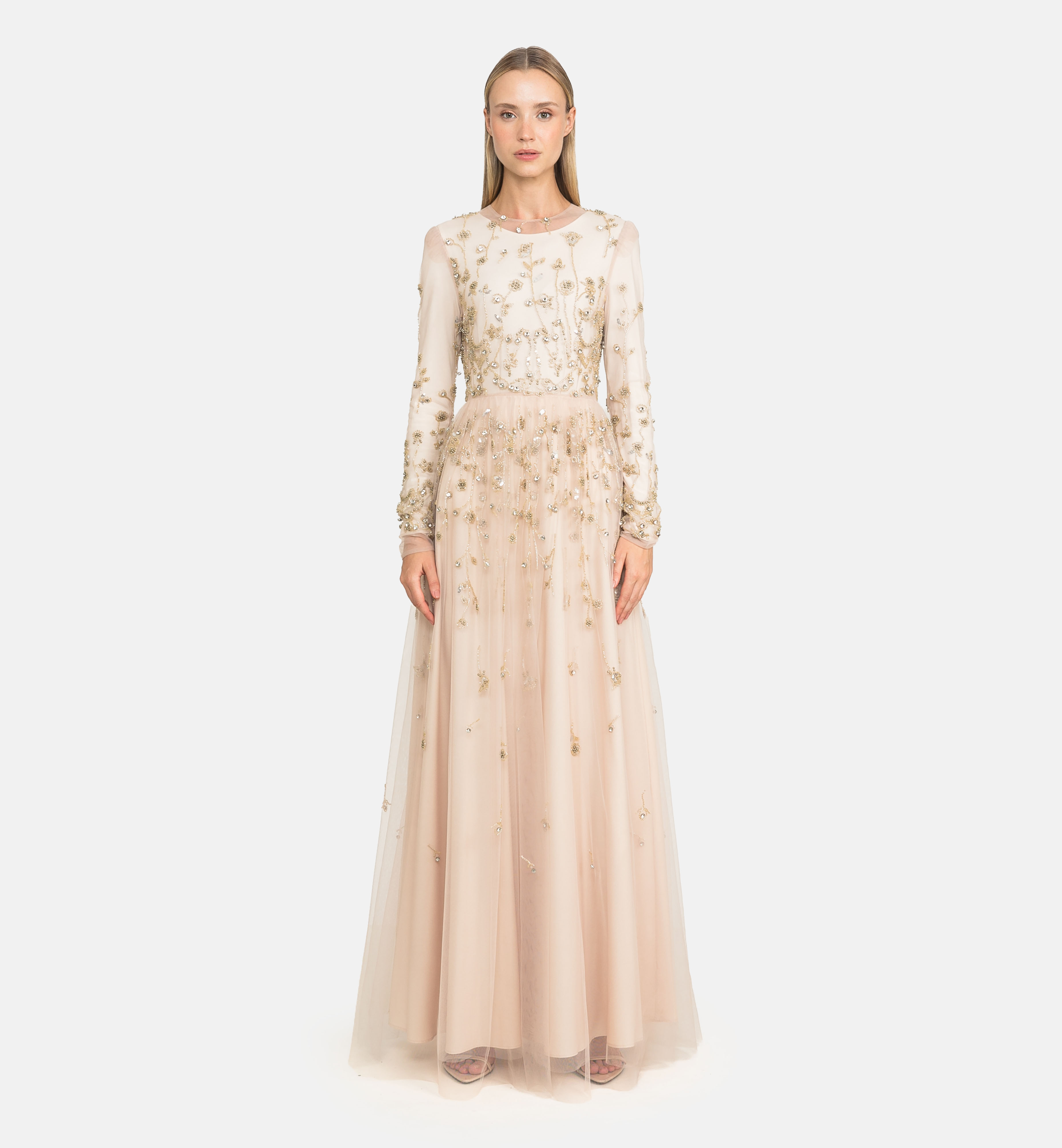 Beaded and diamond tulle maxi dress, beige