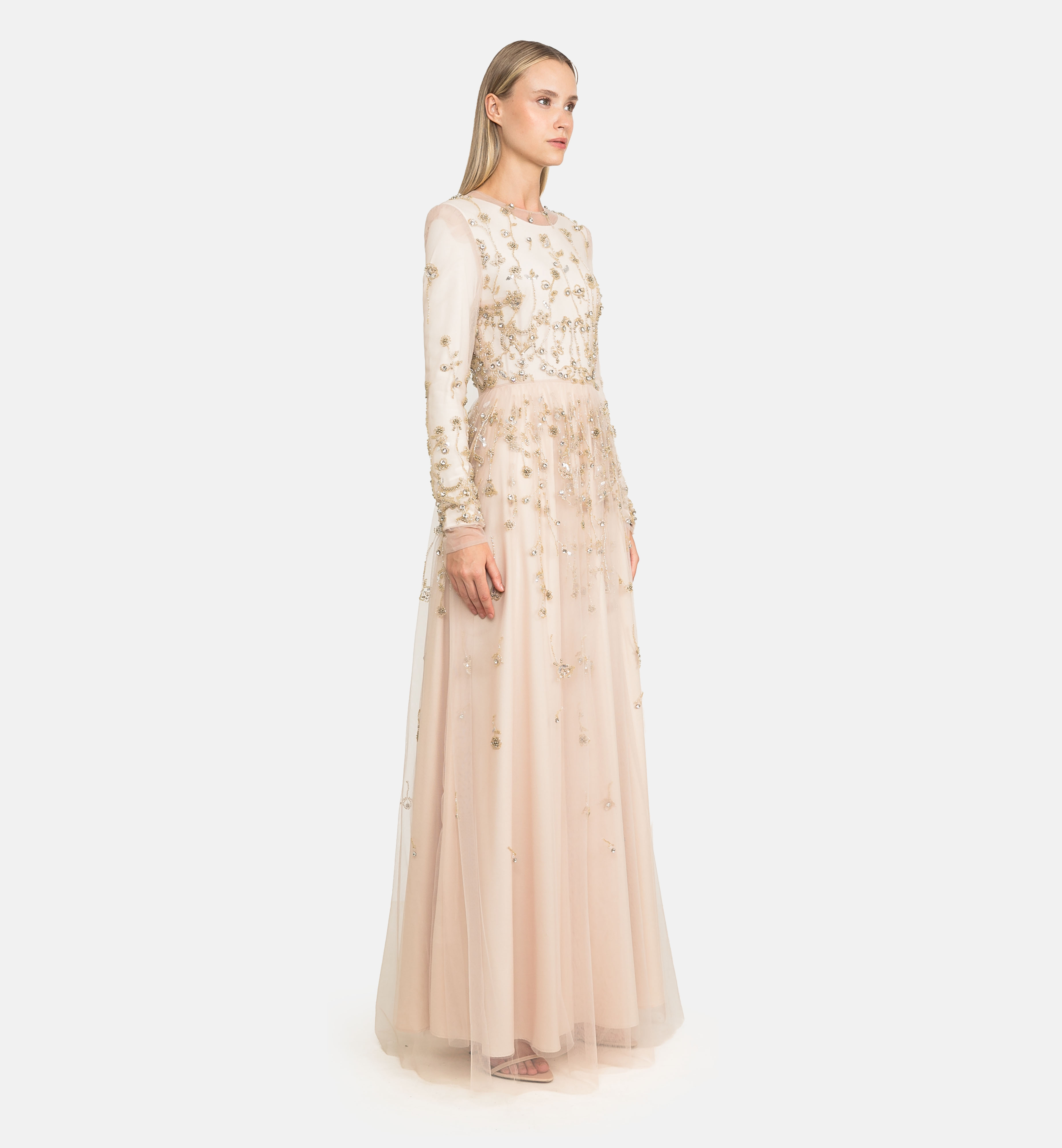 Beaded and diamond tulle maxi dress, beige