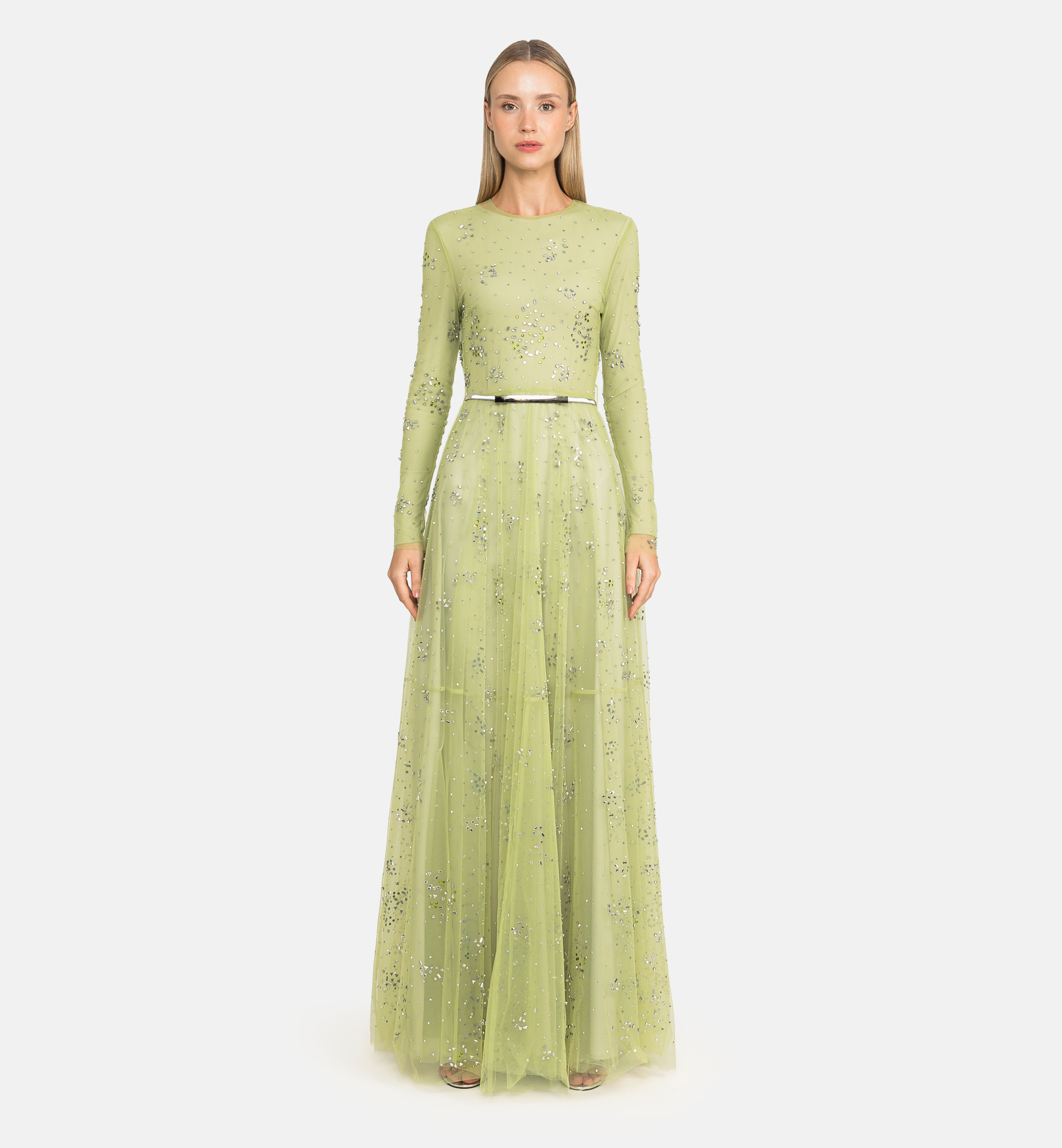 Abstract embellished tulle maxi dress, green