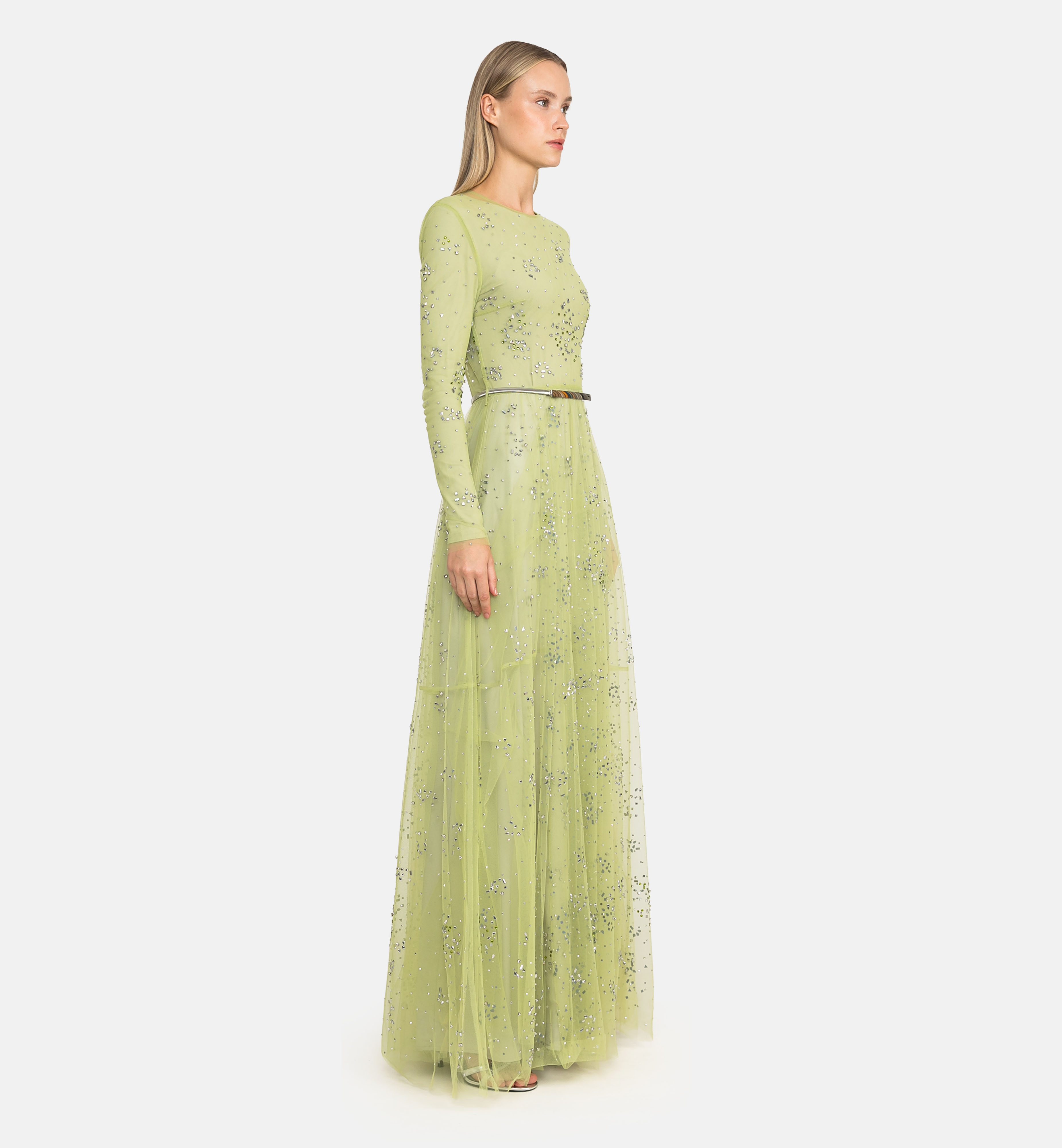 Abstract embellished tulle maxi dress, green