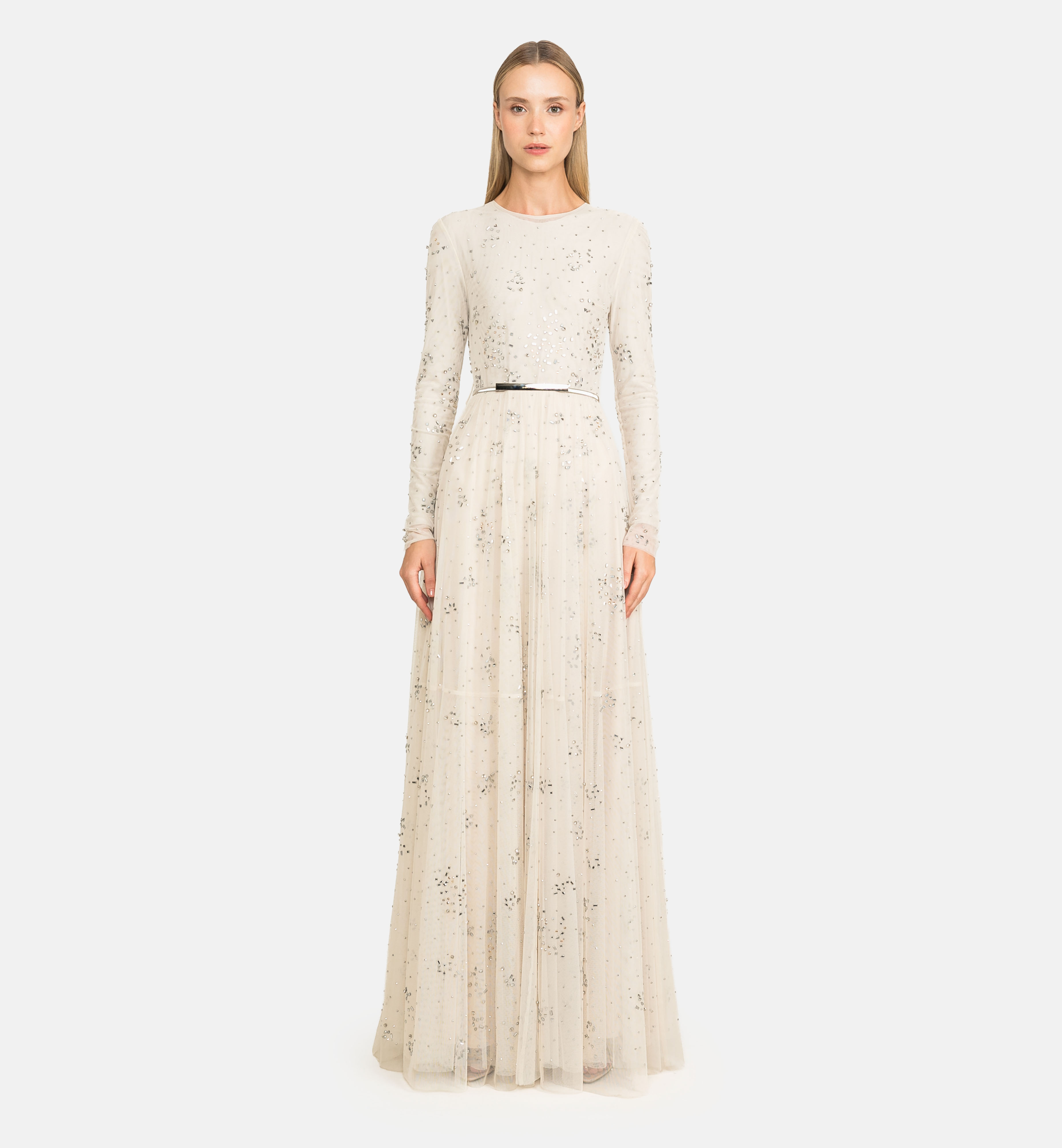 Abstract embellished tulle maxi dress, ivory
