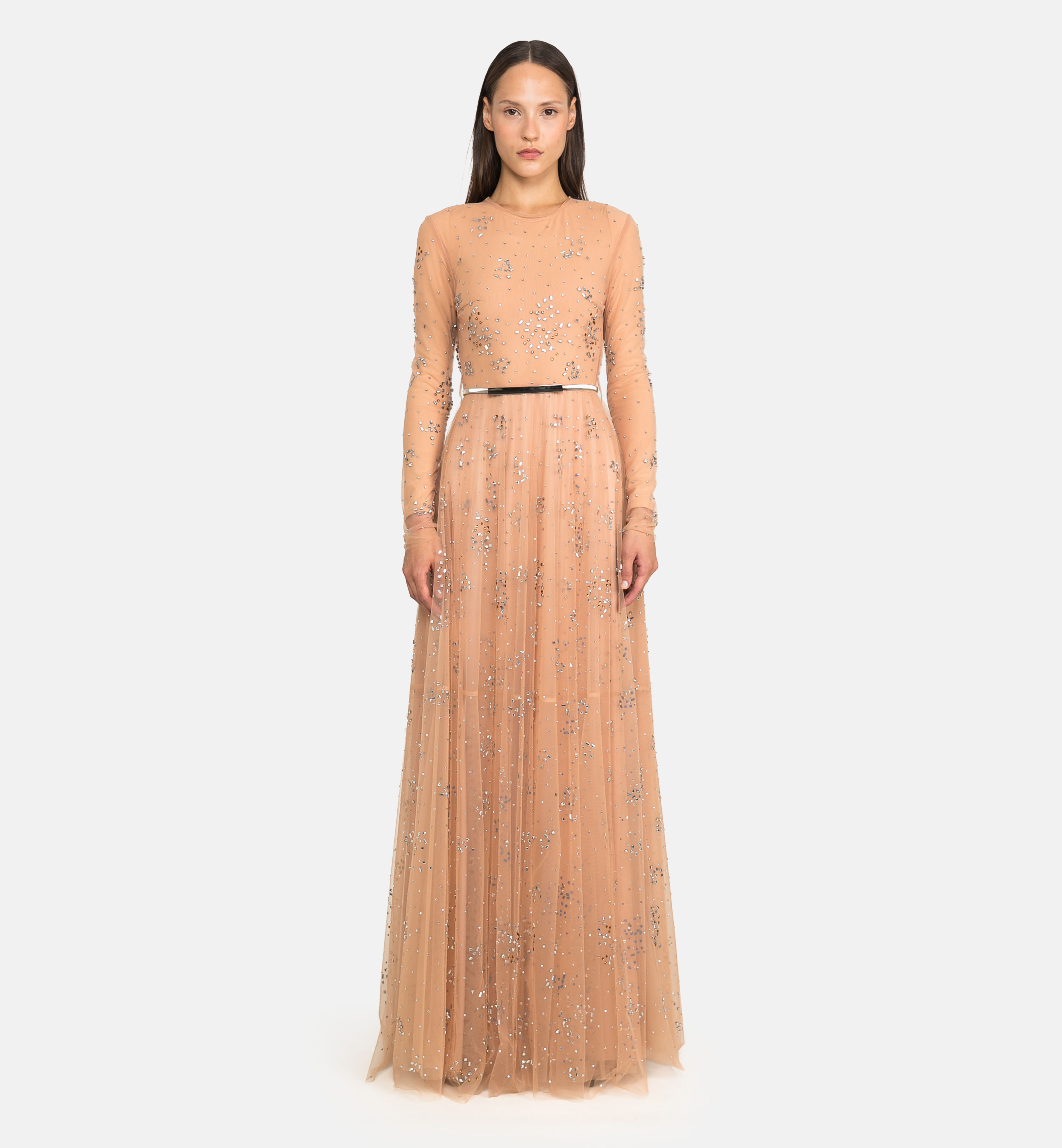 Abstract embellished tulle maxi dress, orange
