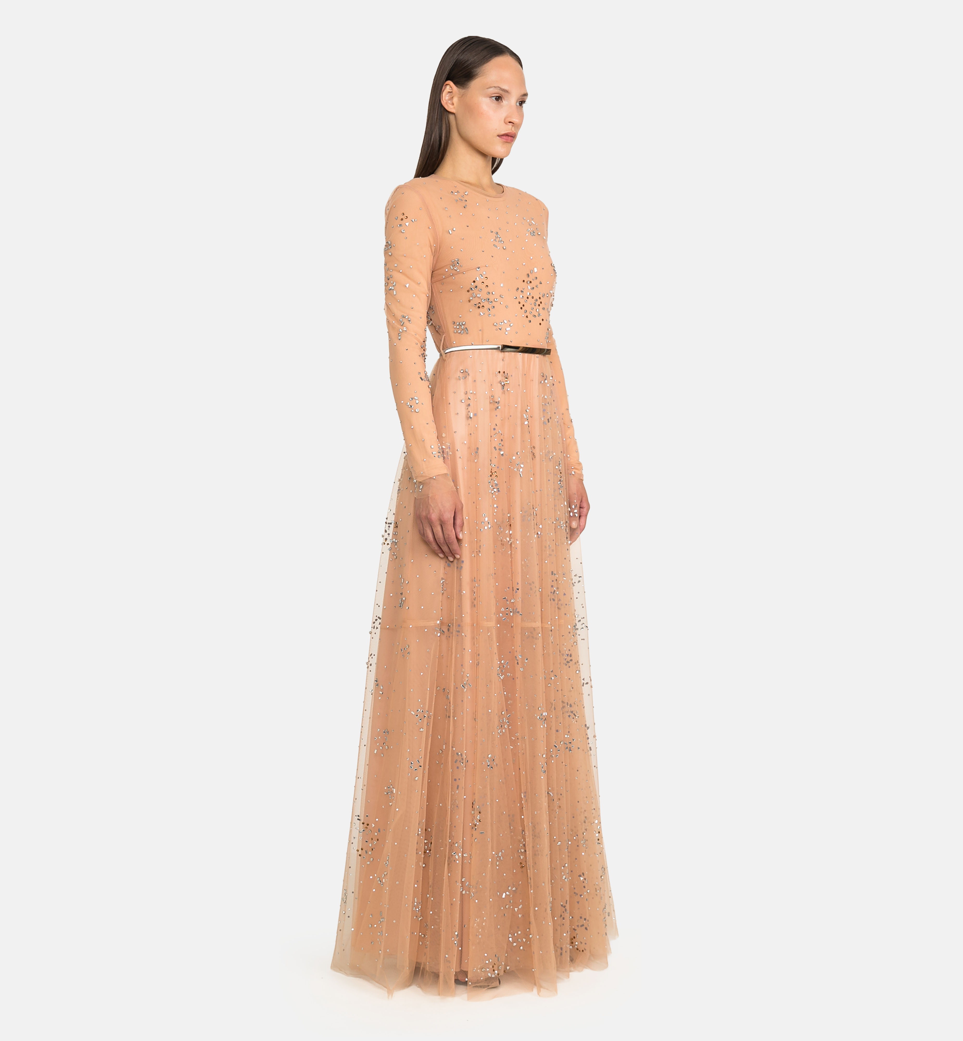 Abstract embellished tulle maxi dress, orange
