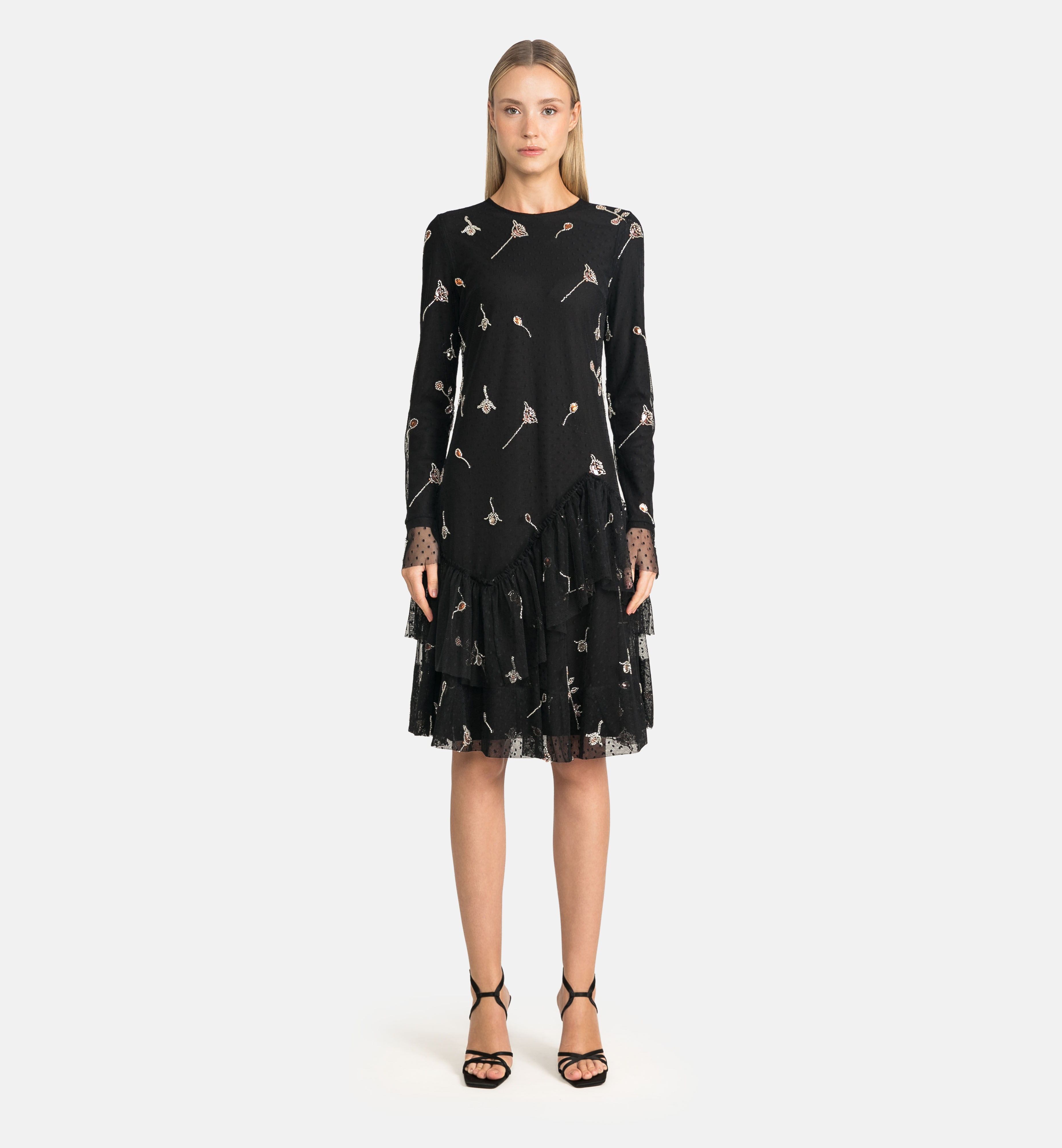 Tulle dress with dots and rose stone embroidery, black