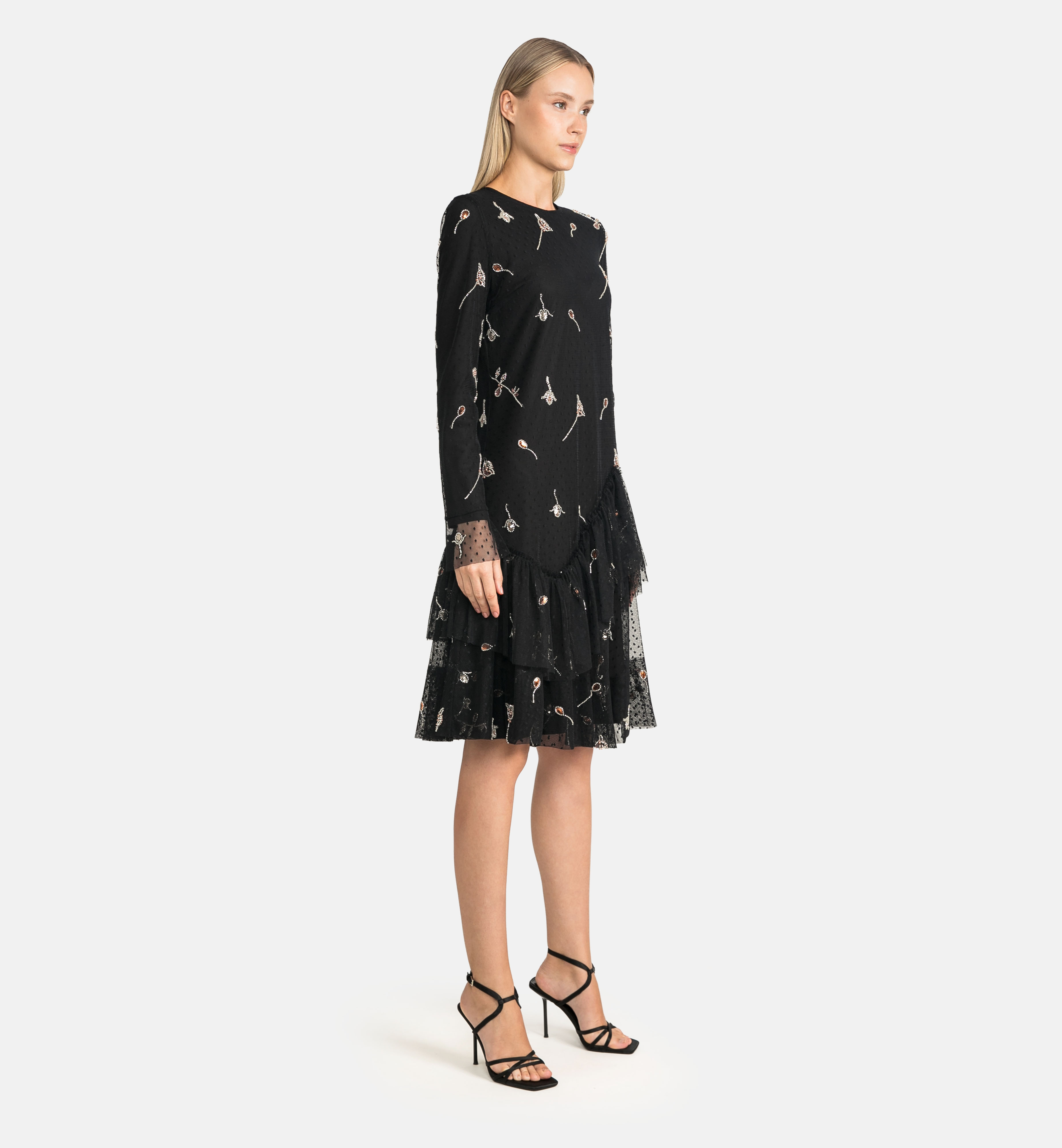 Tulle dress with dots and rose stone embroidery, black