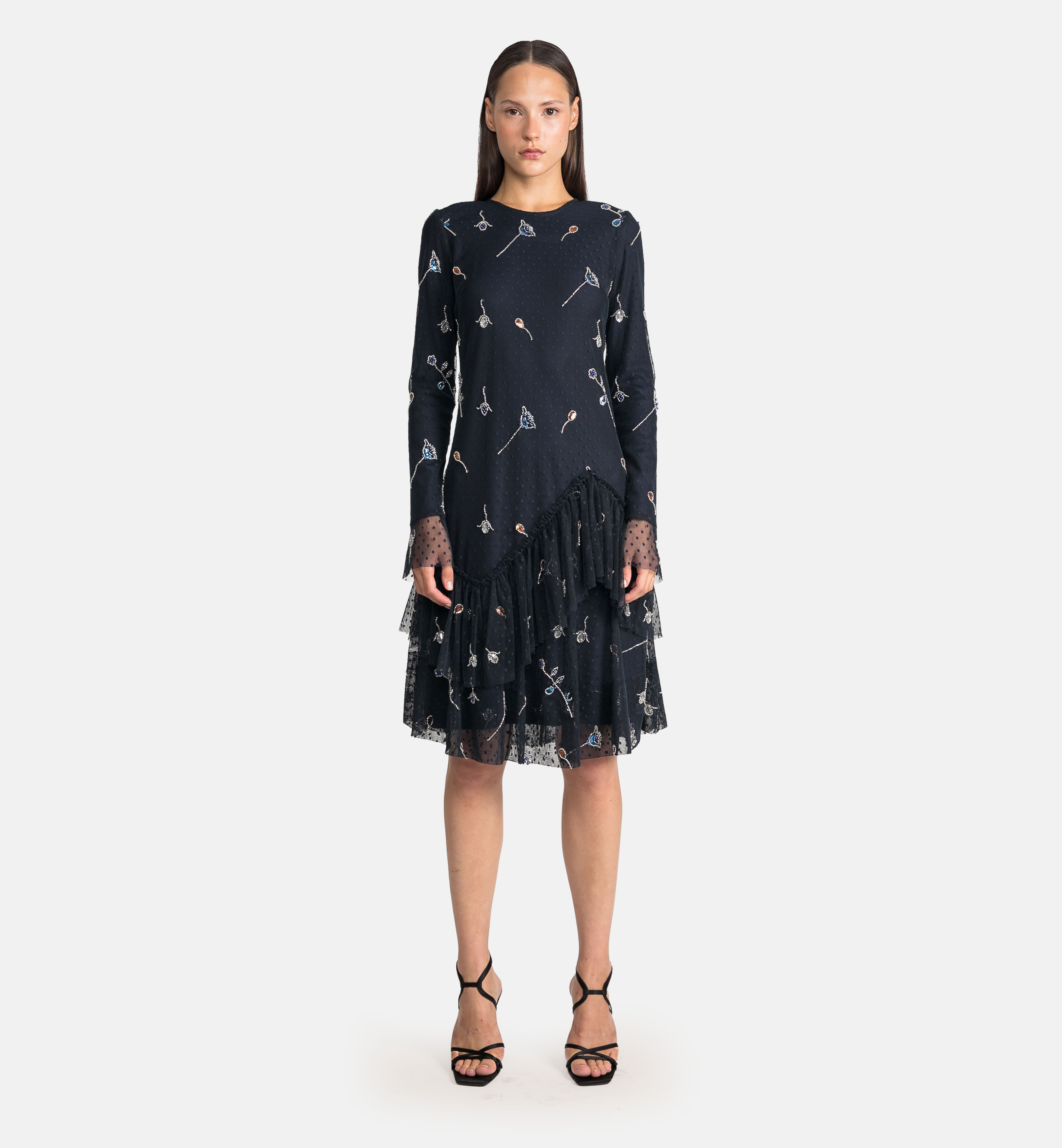 Tulle dress with dots and rose stone embroidery, blue