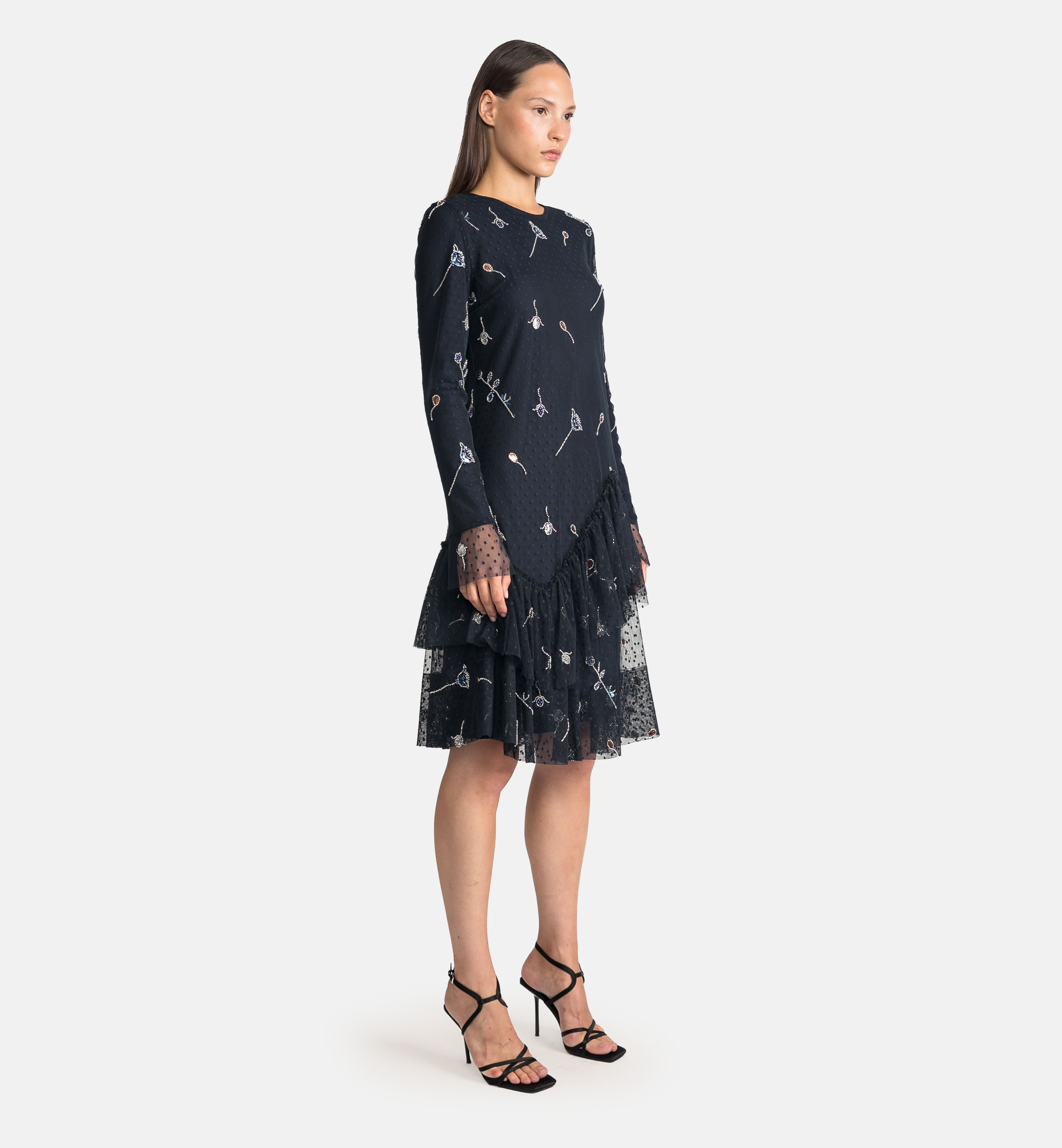 Tulle dress with dots and rose stone embroidery, blue