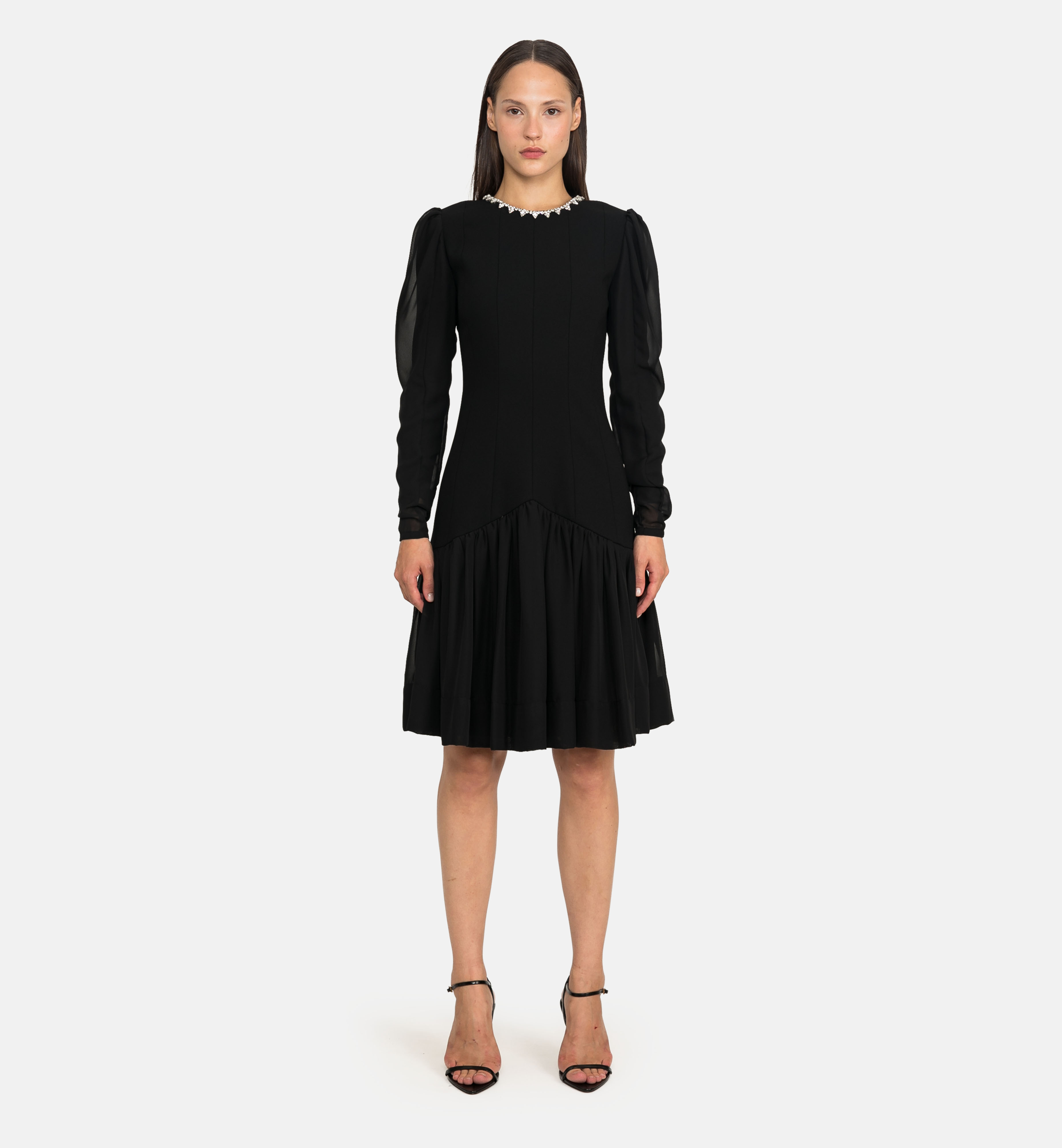 Tailored Woven Dress with Chiffon Panels, black
