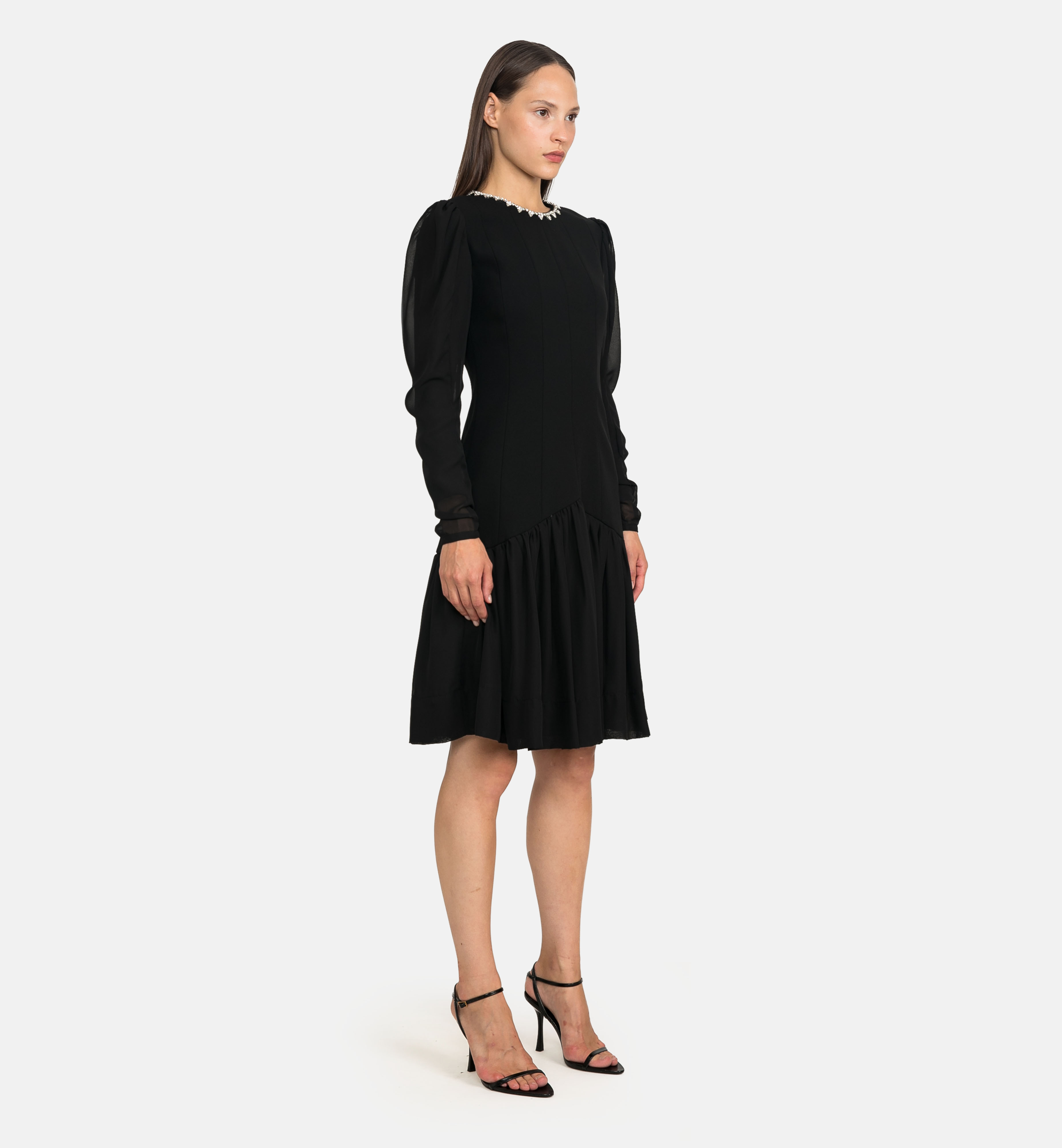 Tailored Woven Dress with Chiffon Panels, black