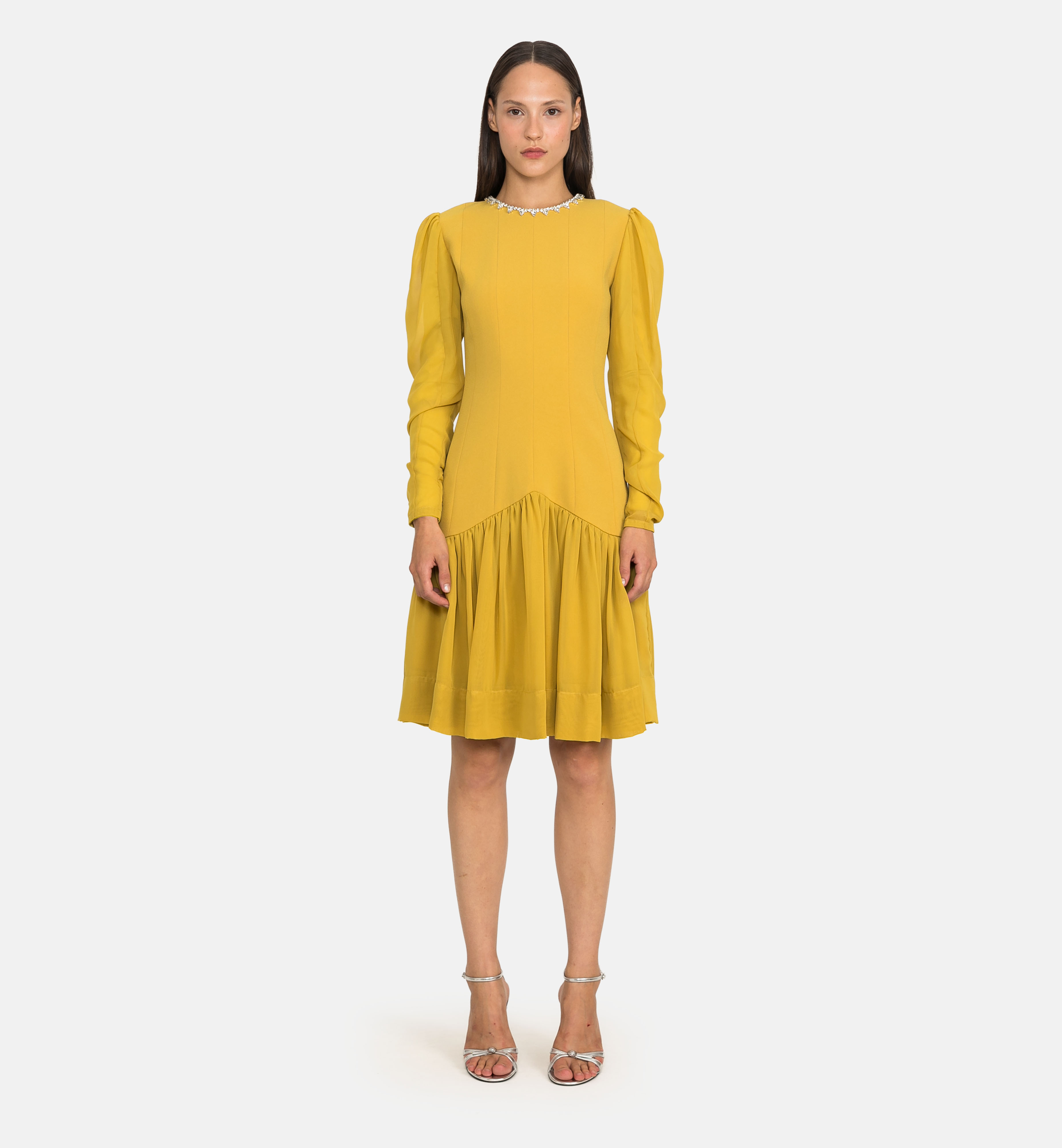 Tailored Woven Dress with Chiffon Panels, yellow