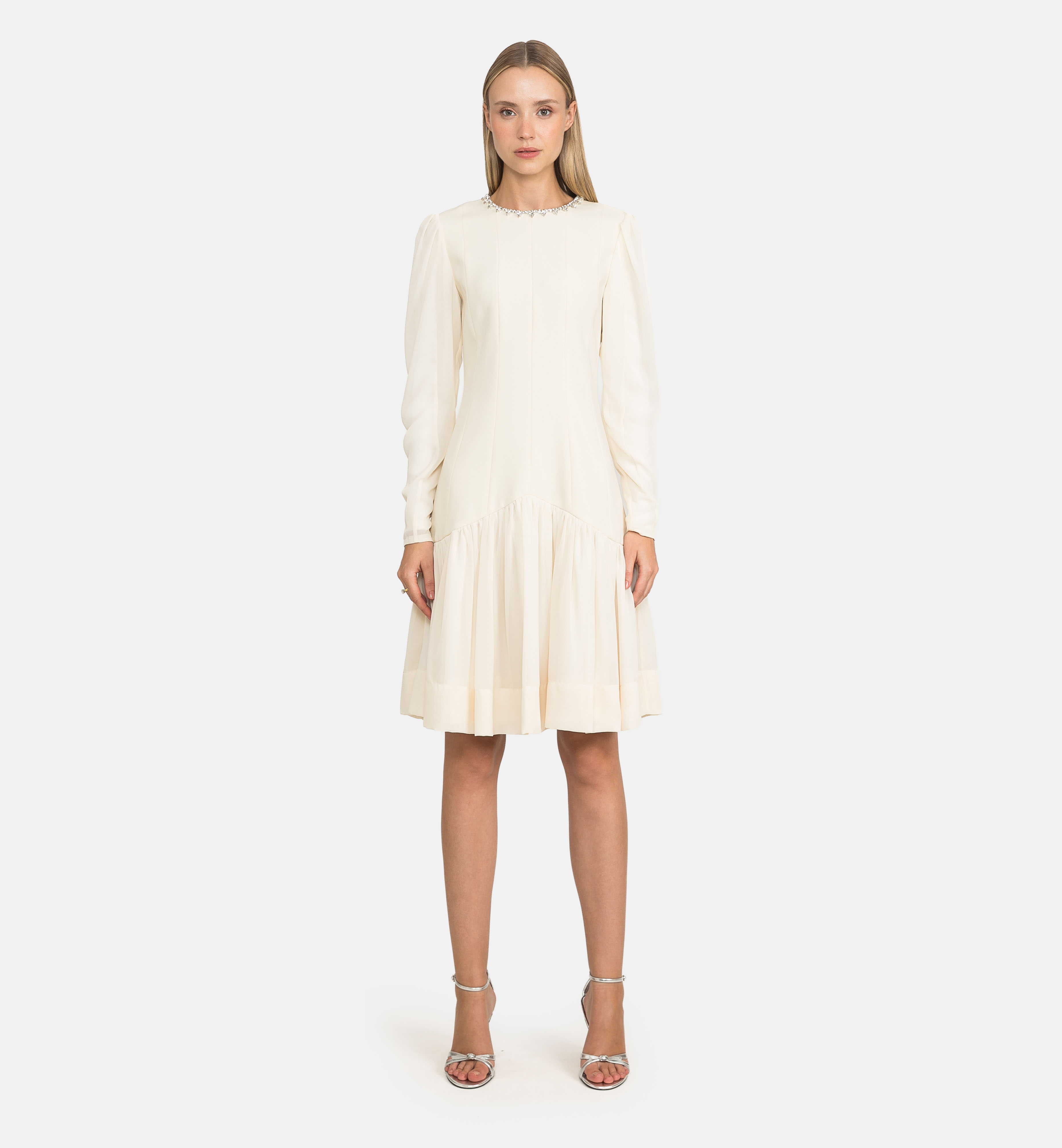 Tailored Woven Dress with Chiffon Panels, beige