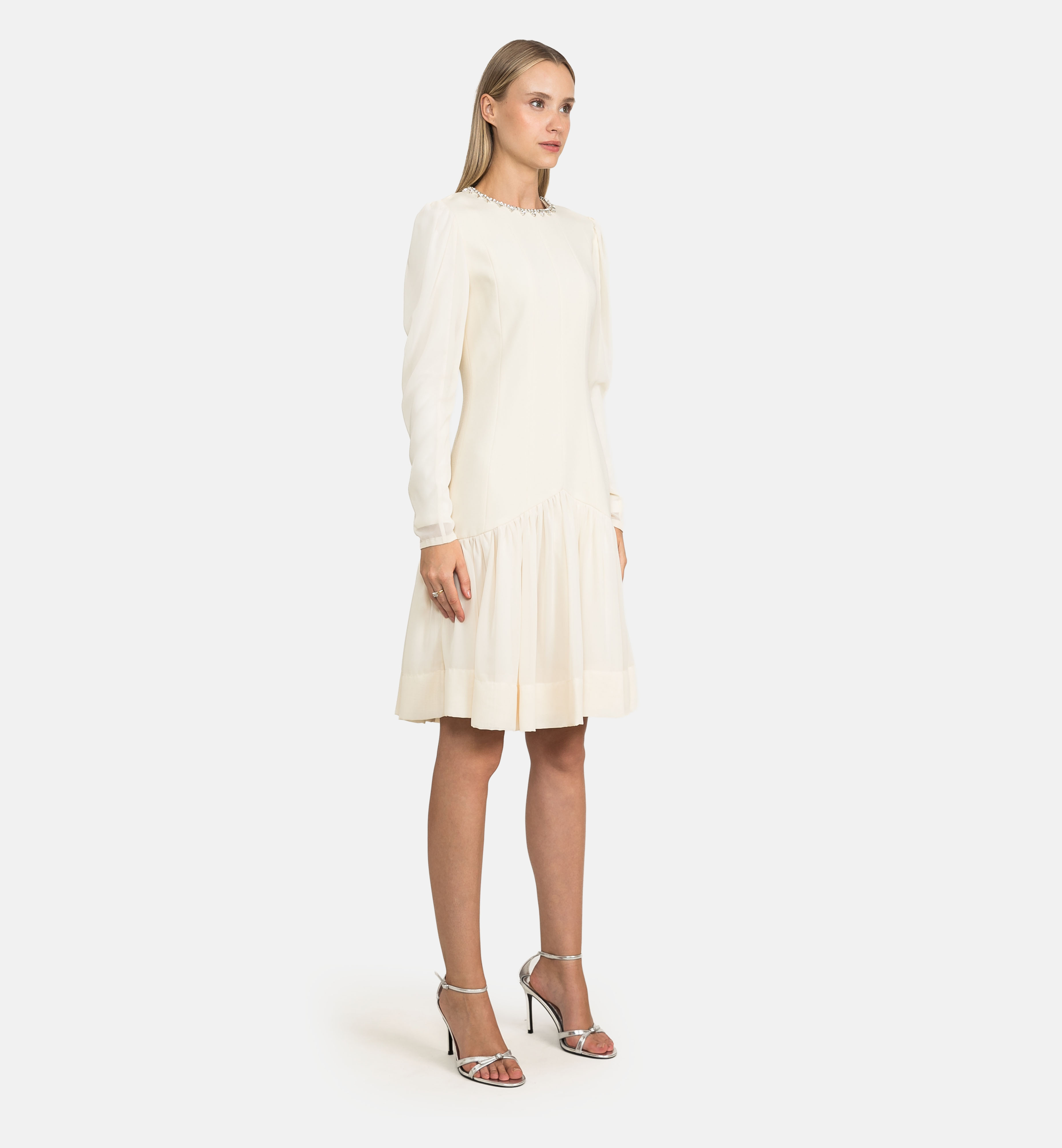 Tailored Woven Dress with Chiffon Panels, beige