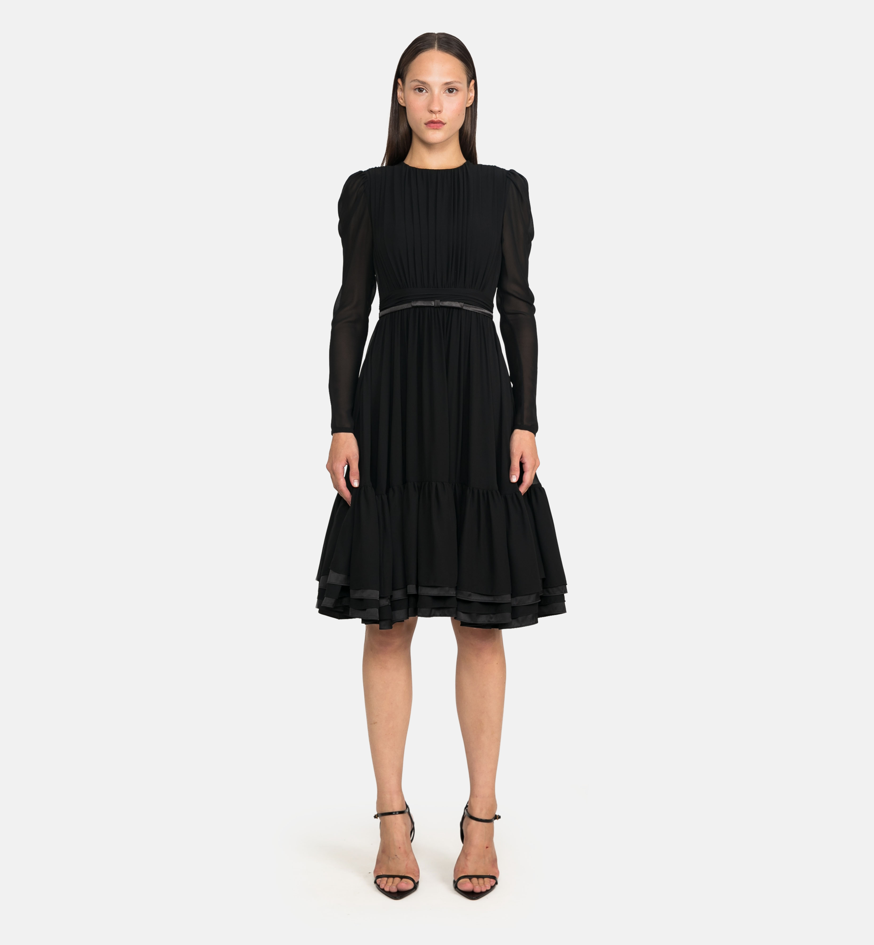 Draped chiffon dress with bow belt, black