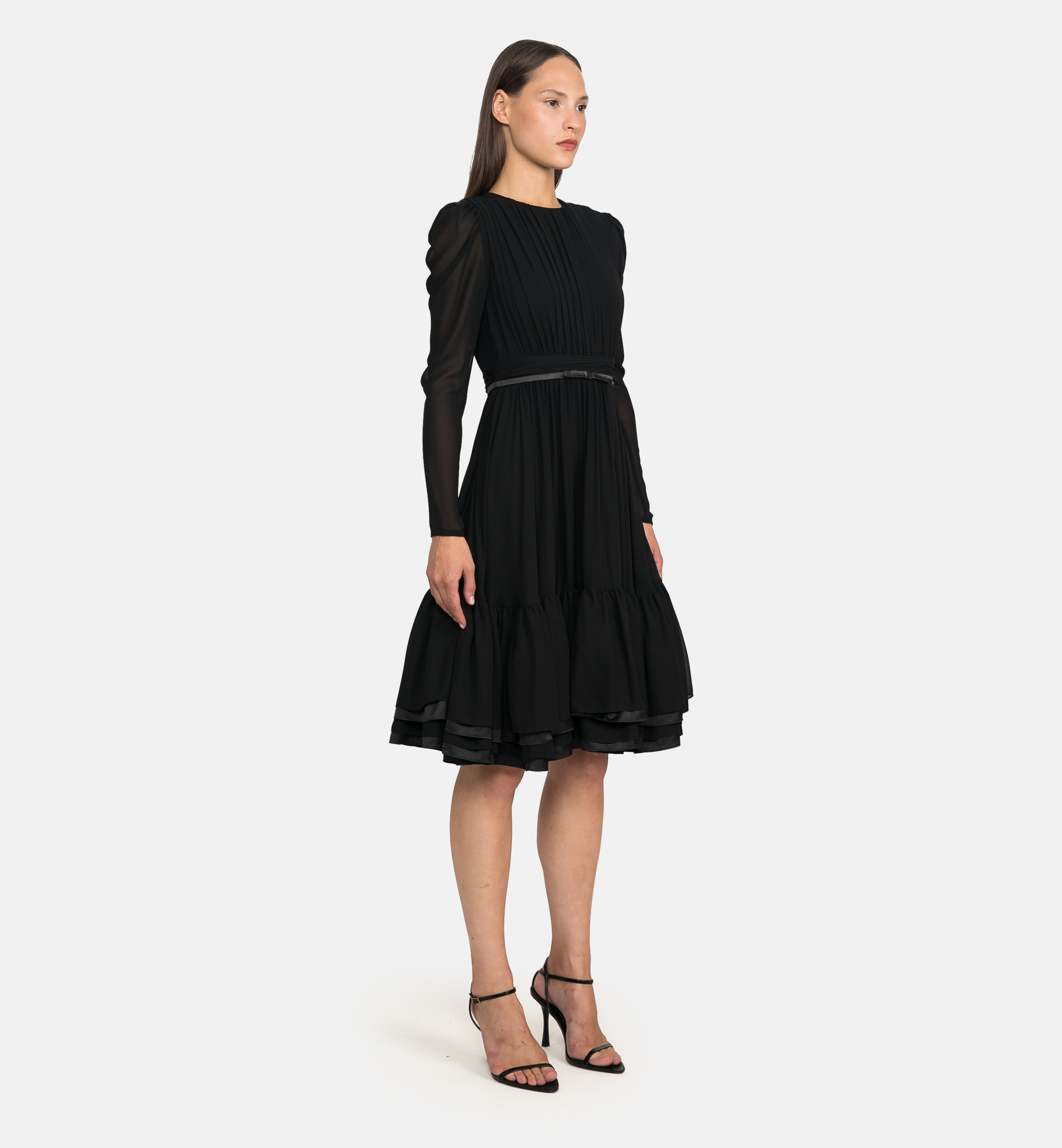 Draped chiffon dress with bow belt, black