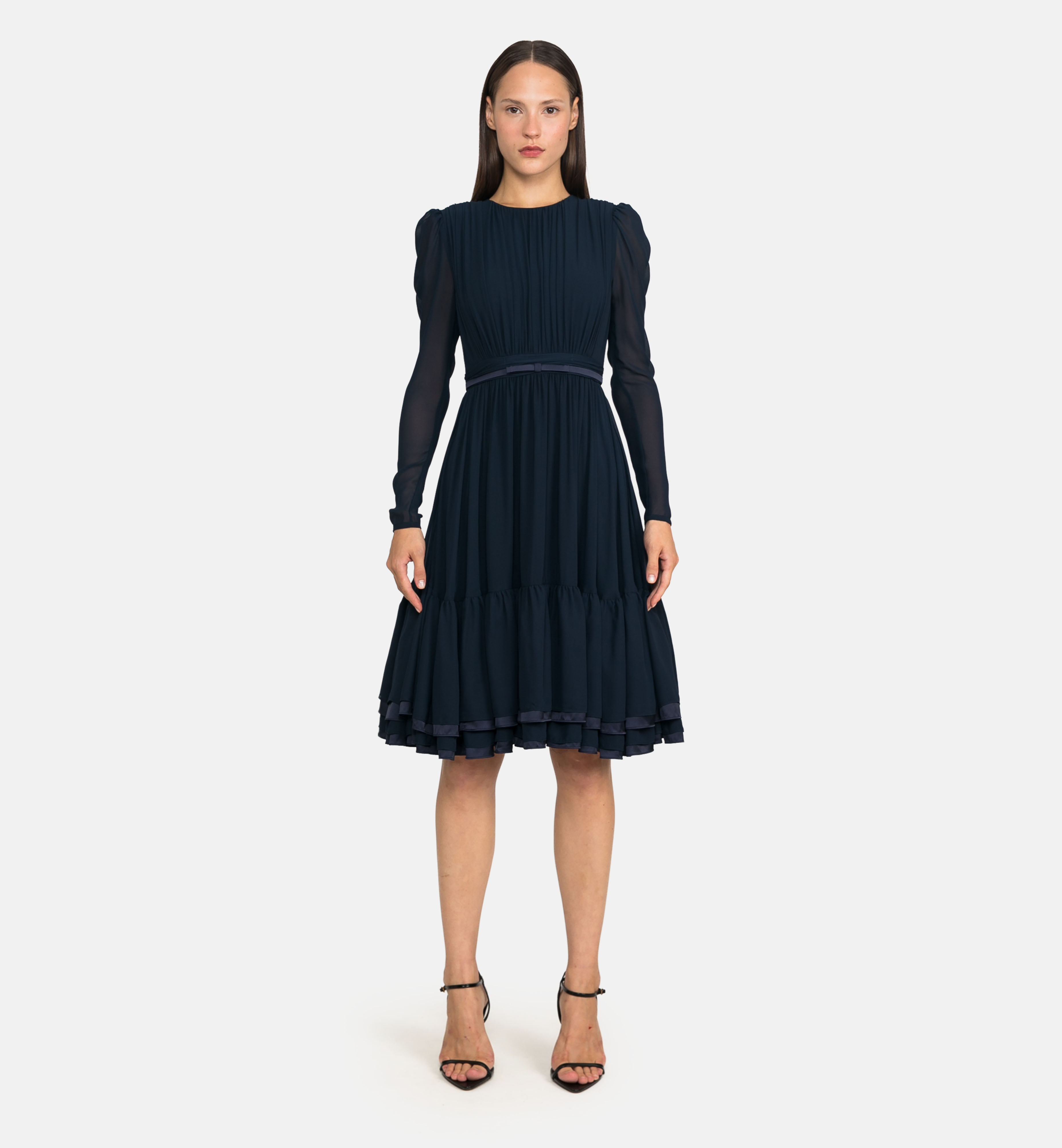 Draped chiffon dress with bow belt, blue