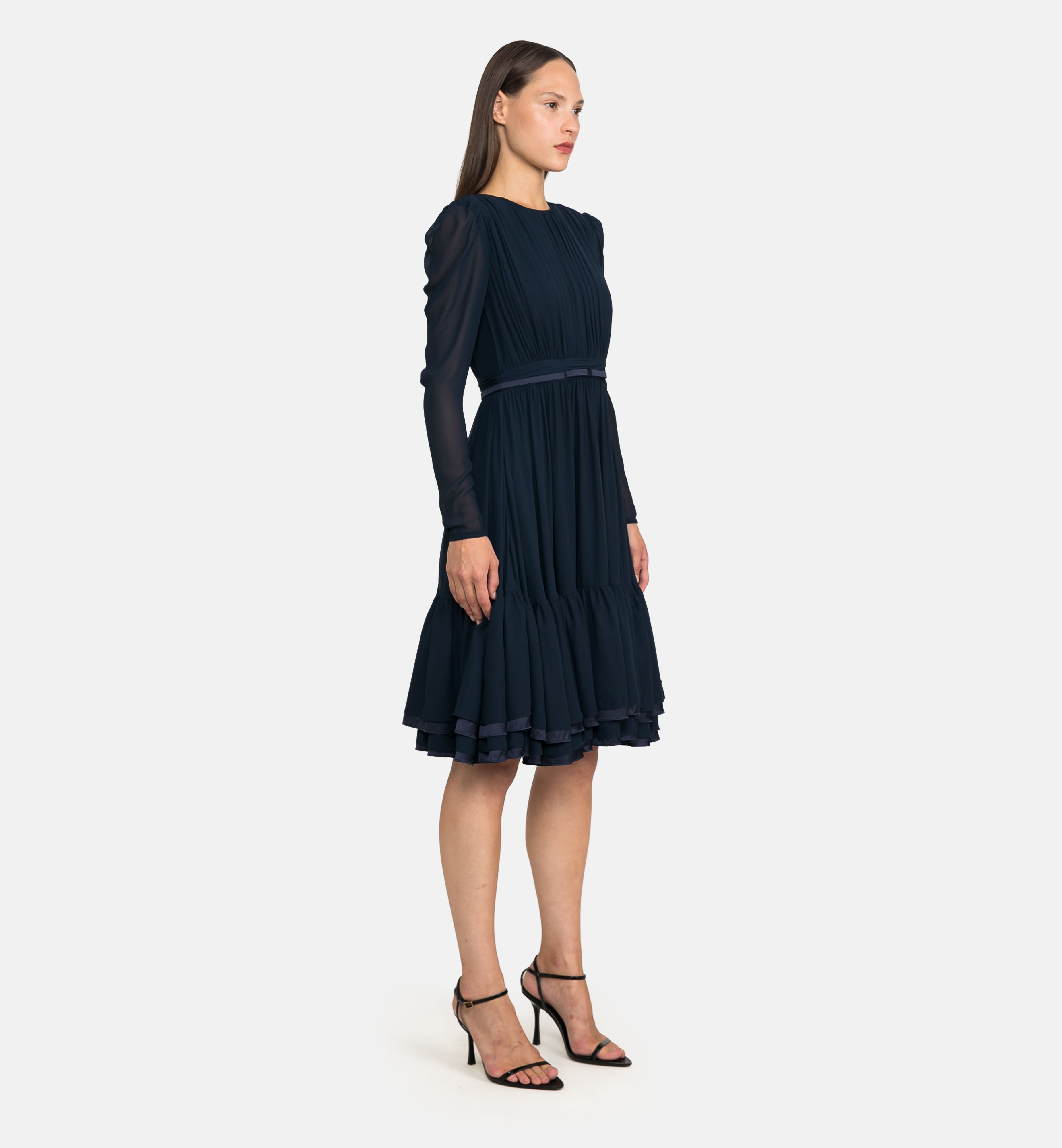 Draped chiffon dress with bow belt, blue
