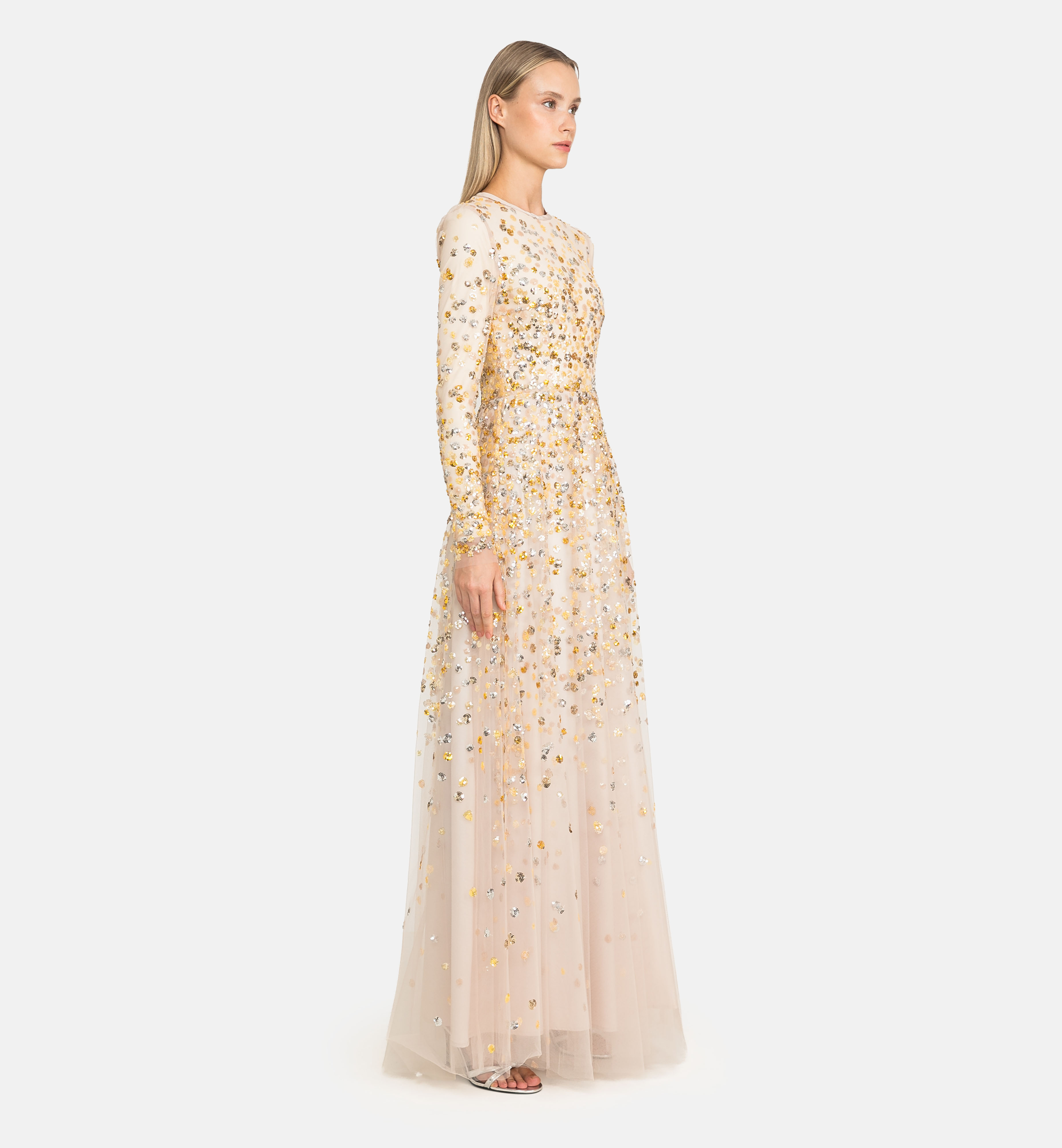 Sequin-cluster tulle maxi dress, gold