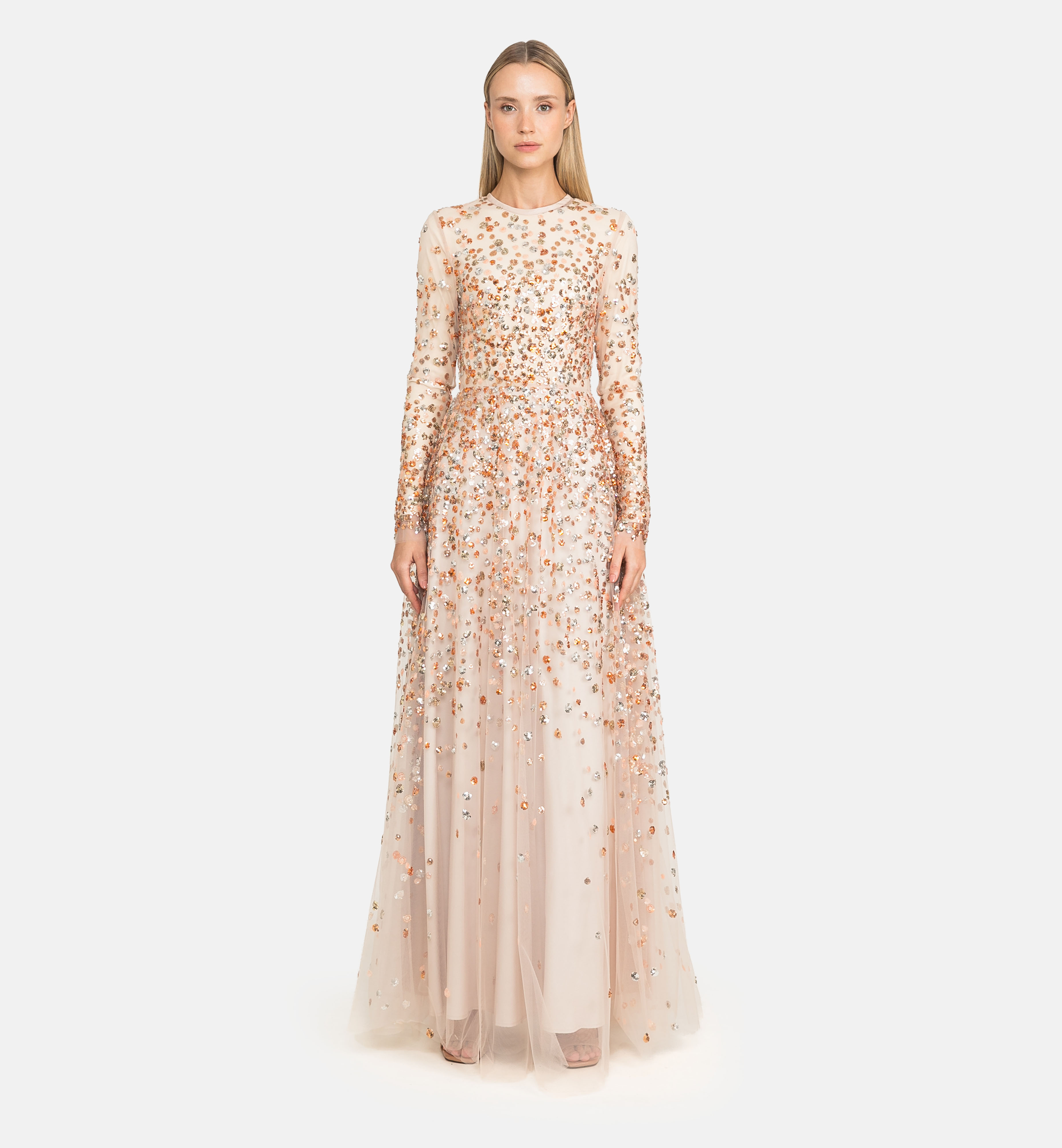 Sequin-cluster tulle maxi dress, orange