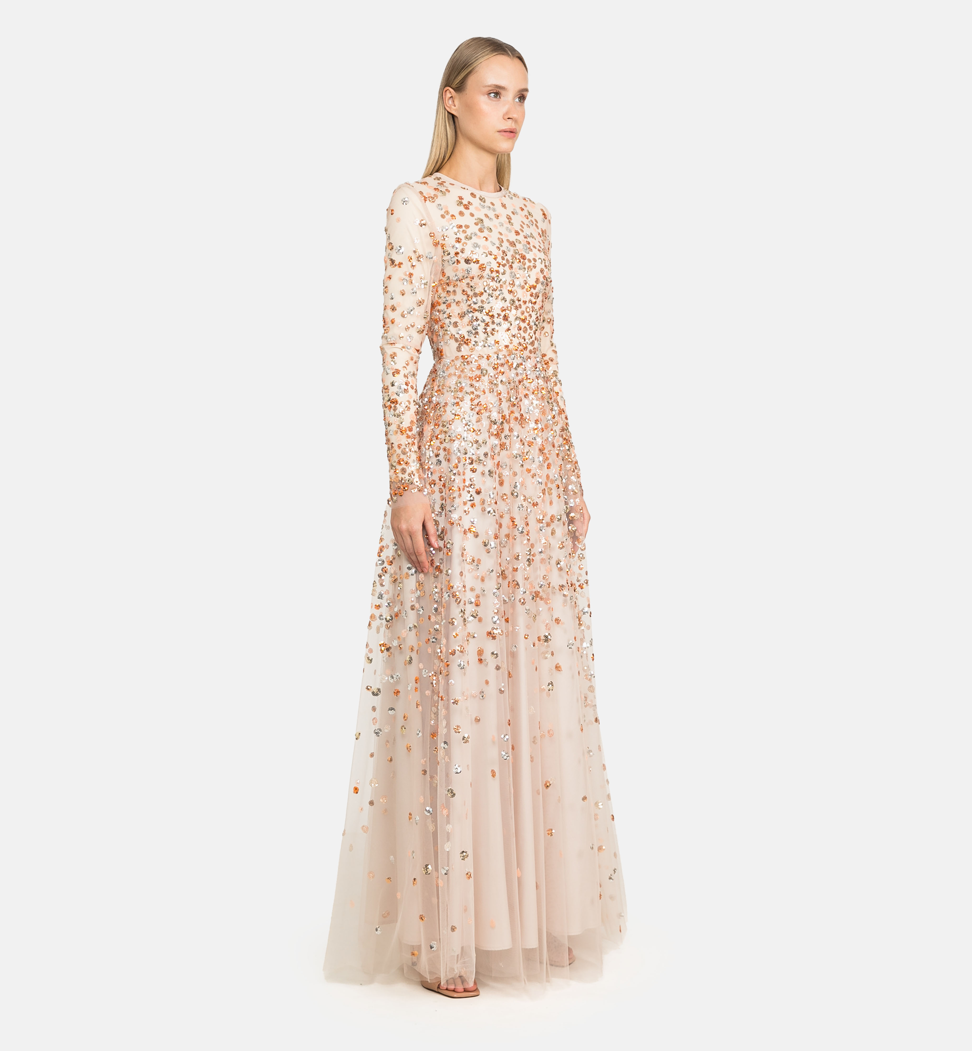 Sequin-cluster tulle maxi dress, orange
