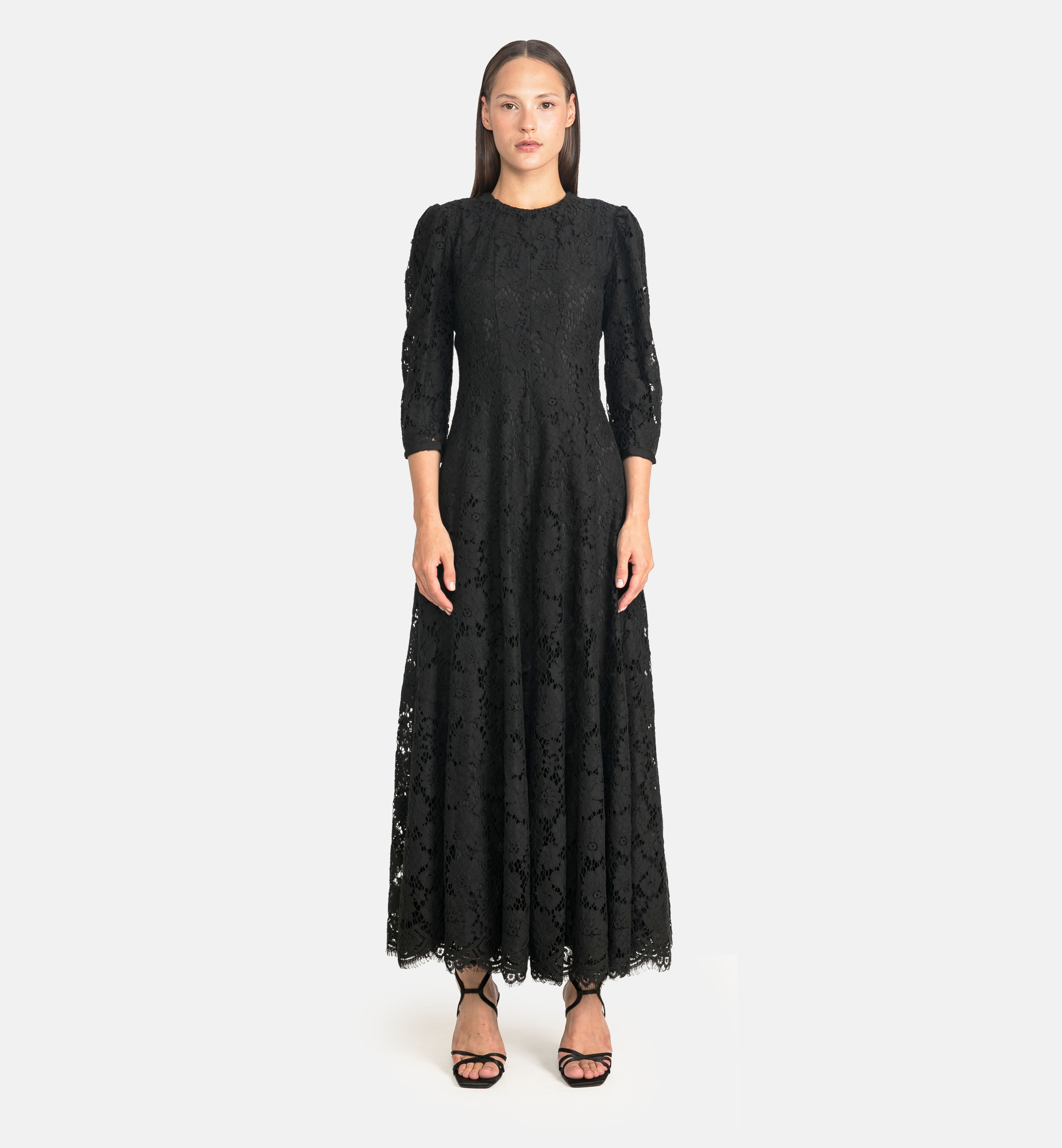 Lace paneled midi dress, black
