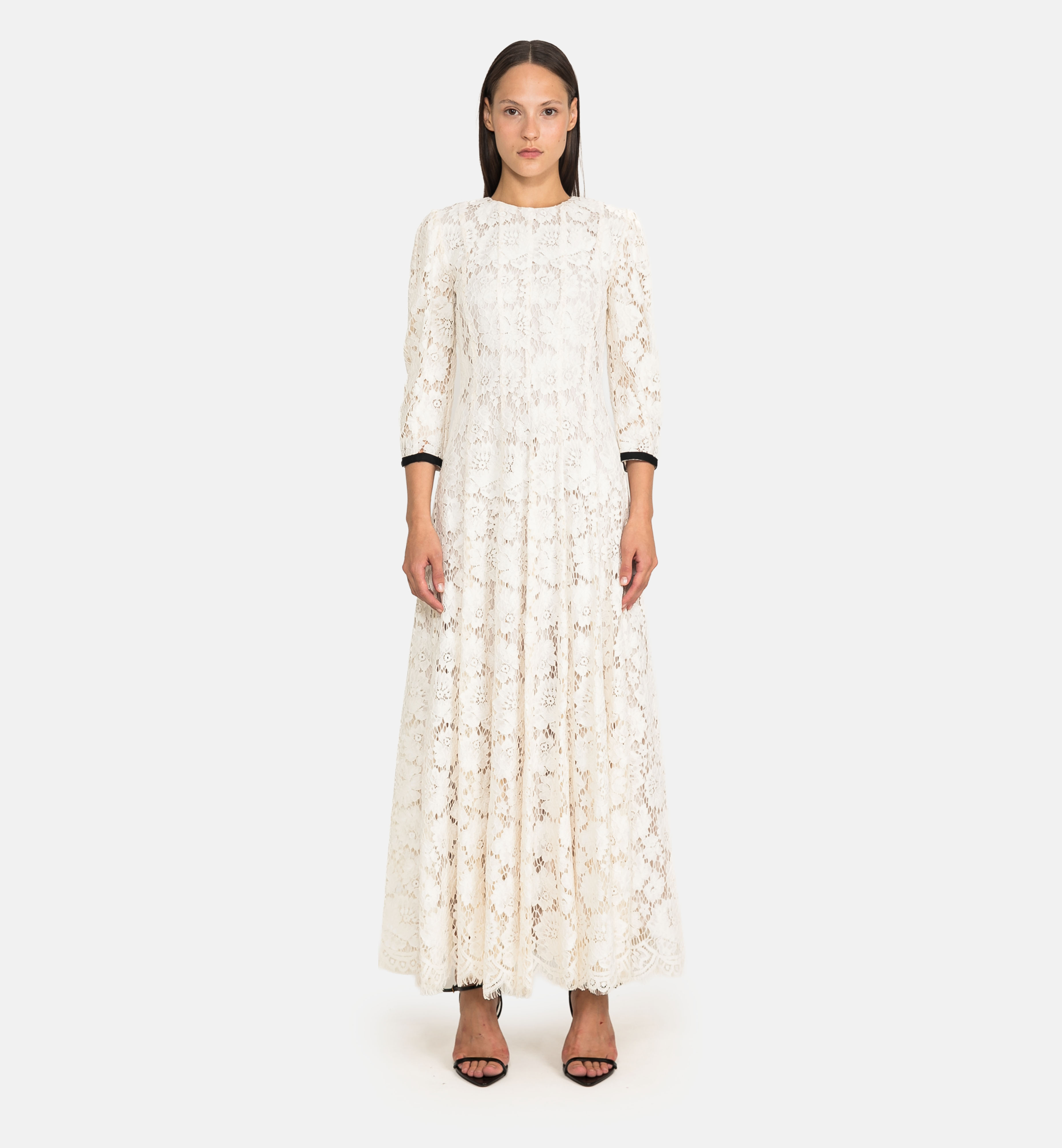 Lace paneled midi dress, beige