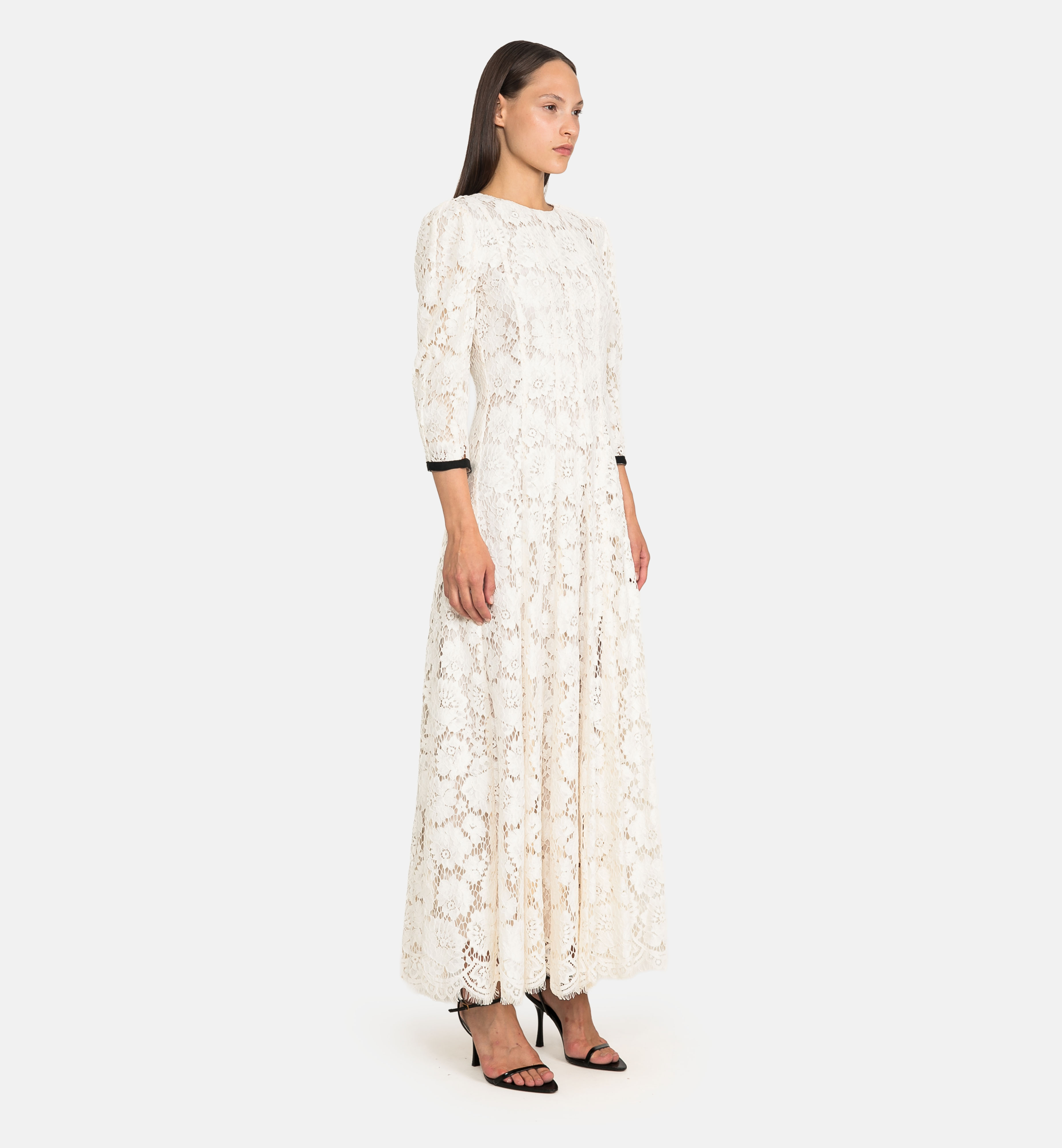 Lace paneled midi dress, beige
