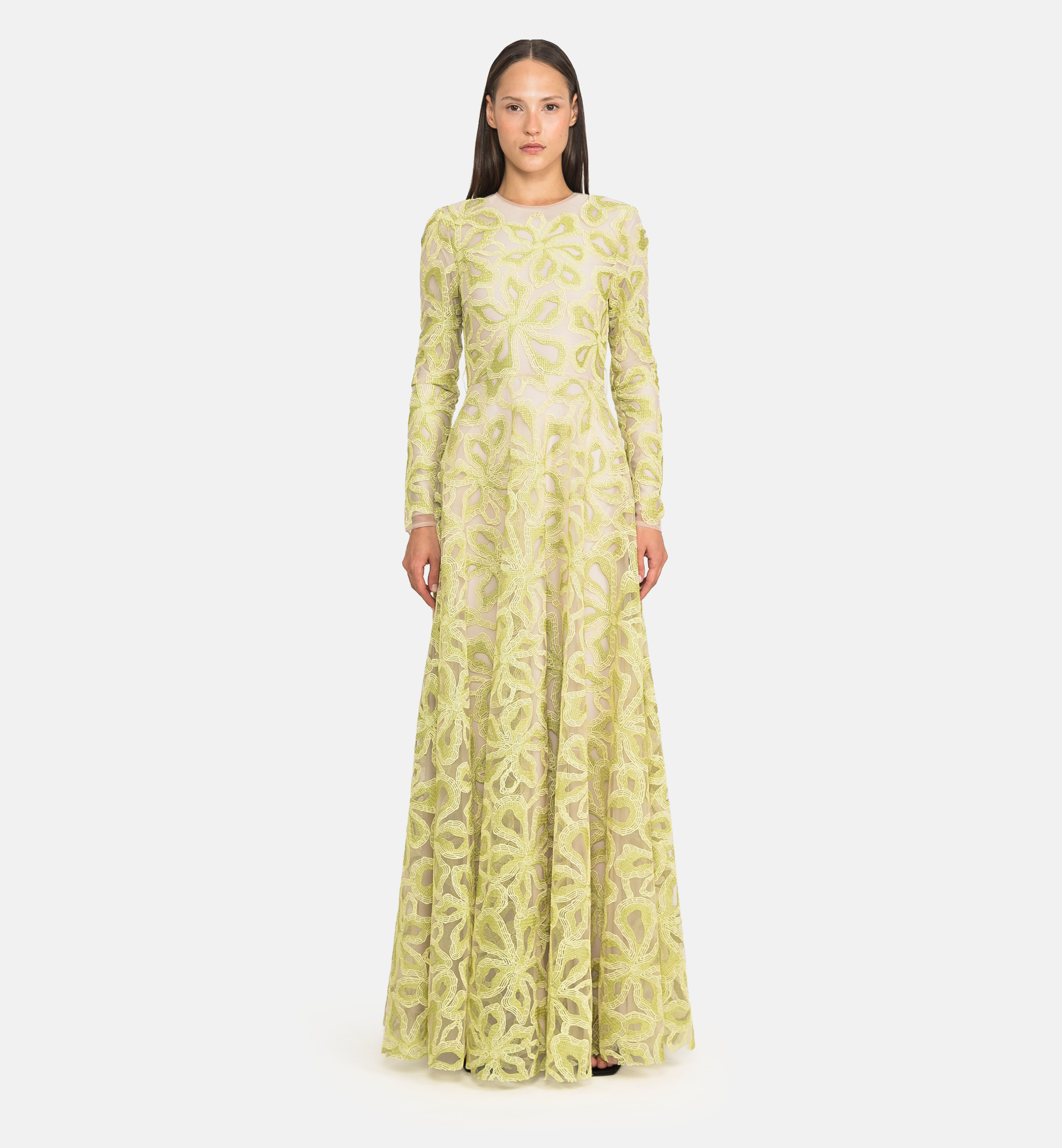 Embroidered tulle maxi dress, green