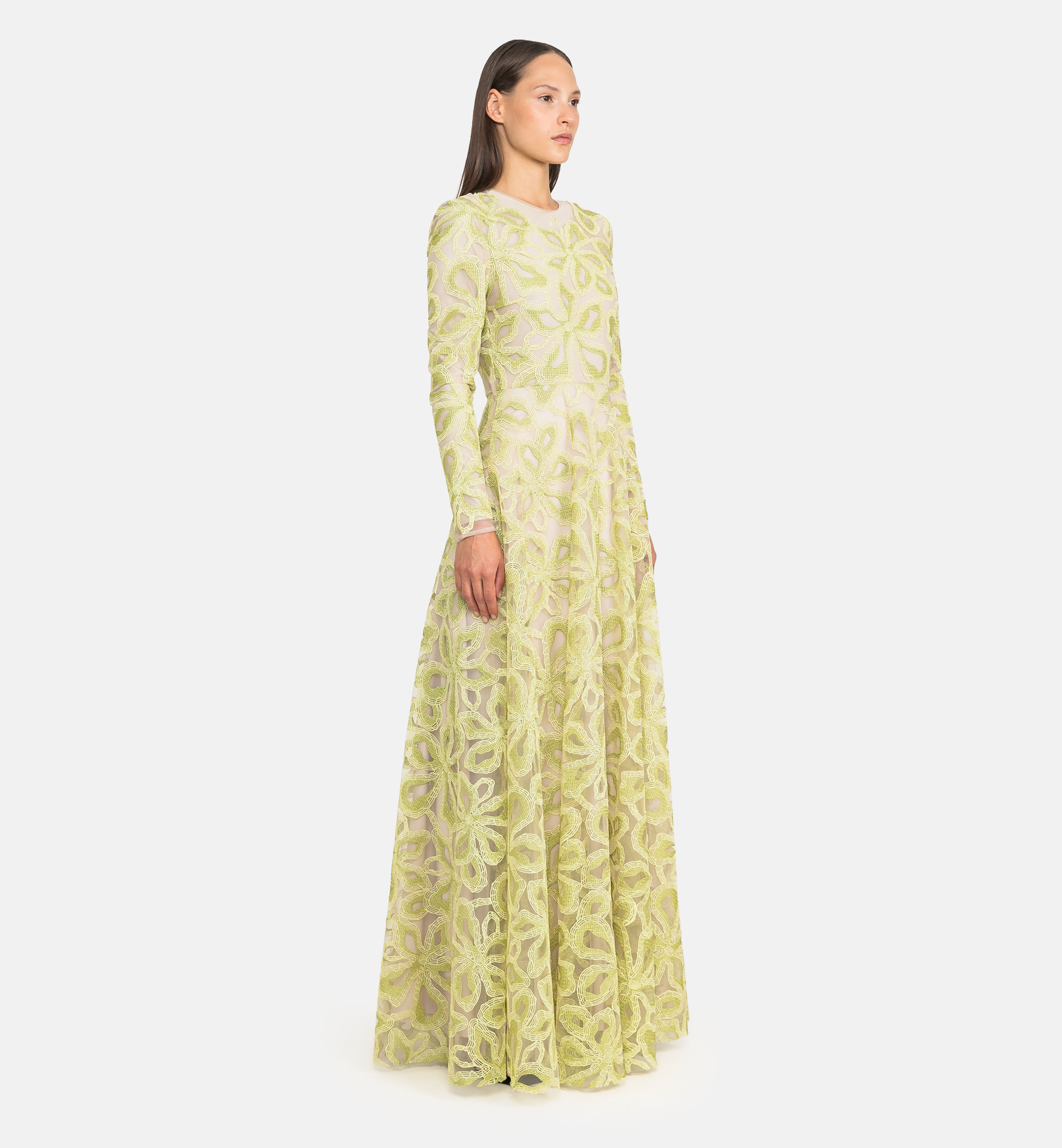 Embroidered tulle maxi dress, green