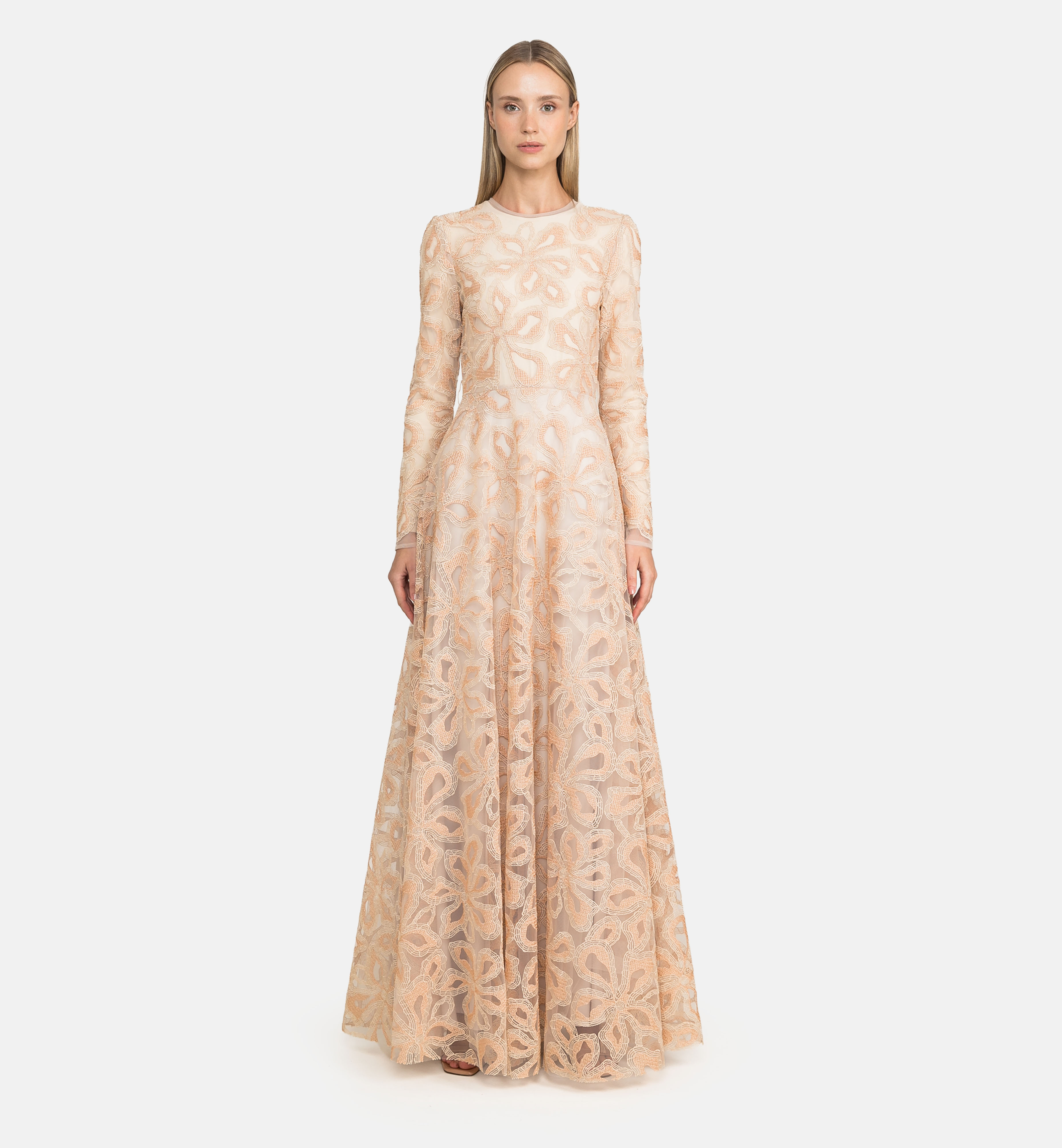 Embroidered tulle maxi dress, powder