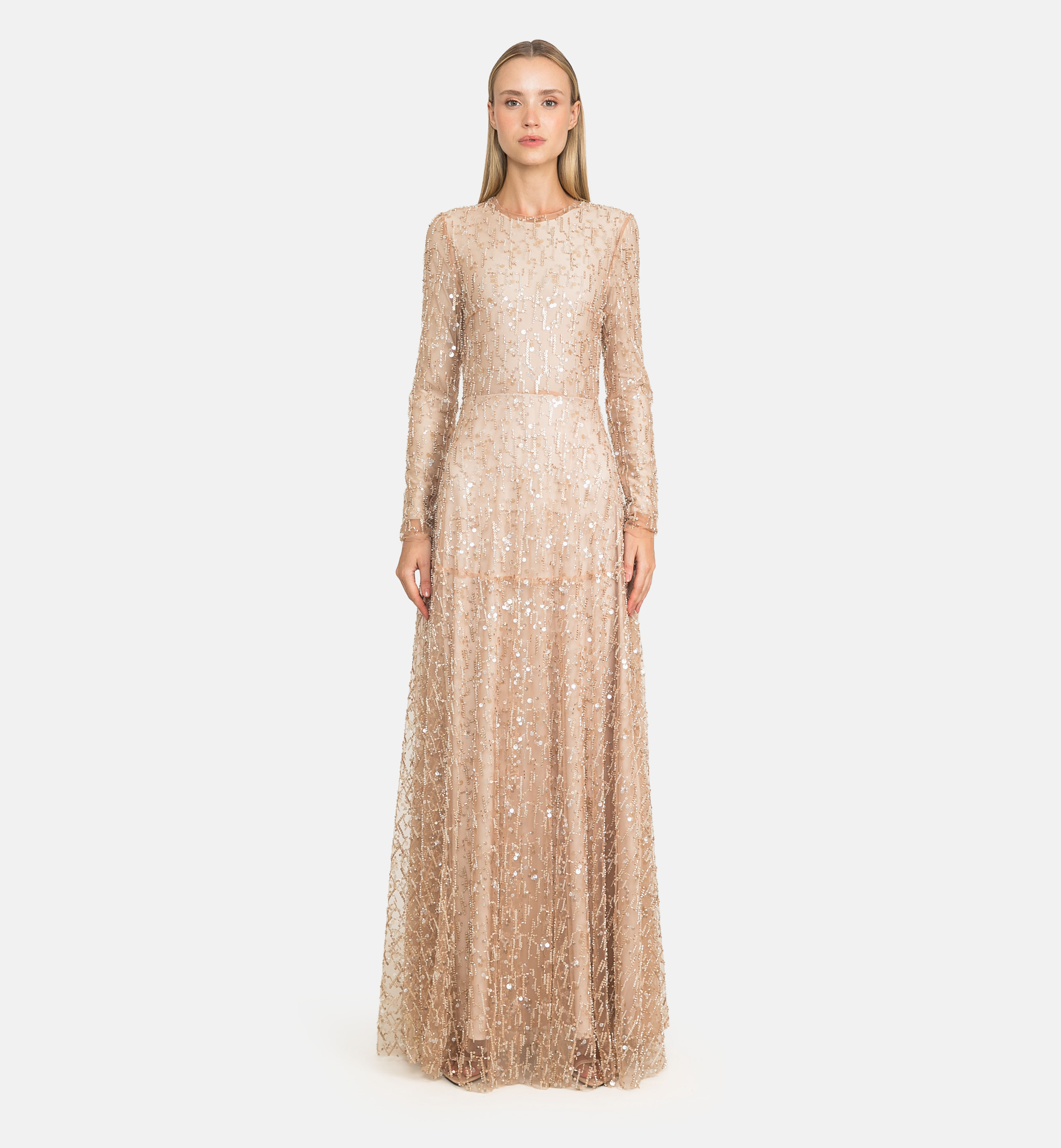 Mixed beaded tulle maxi dress, beige