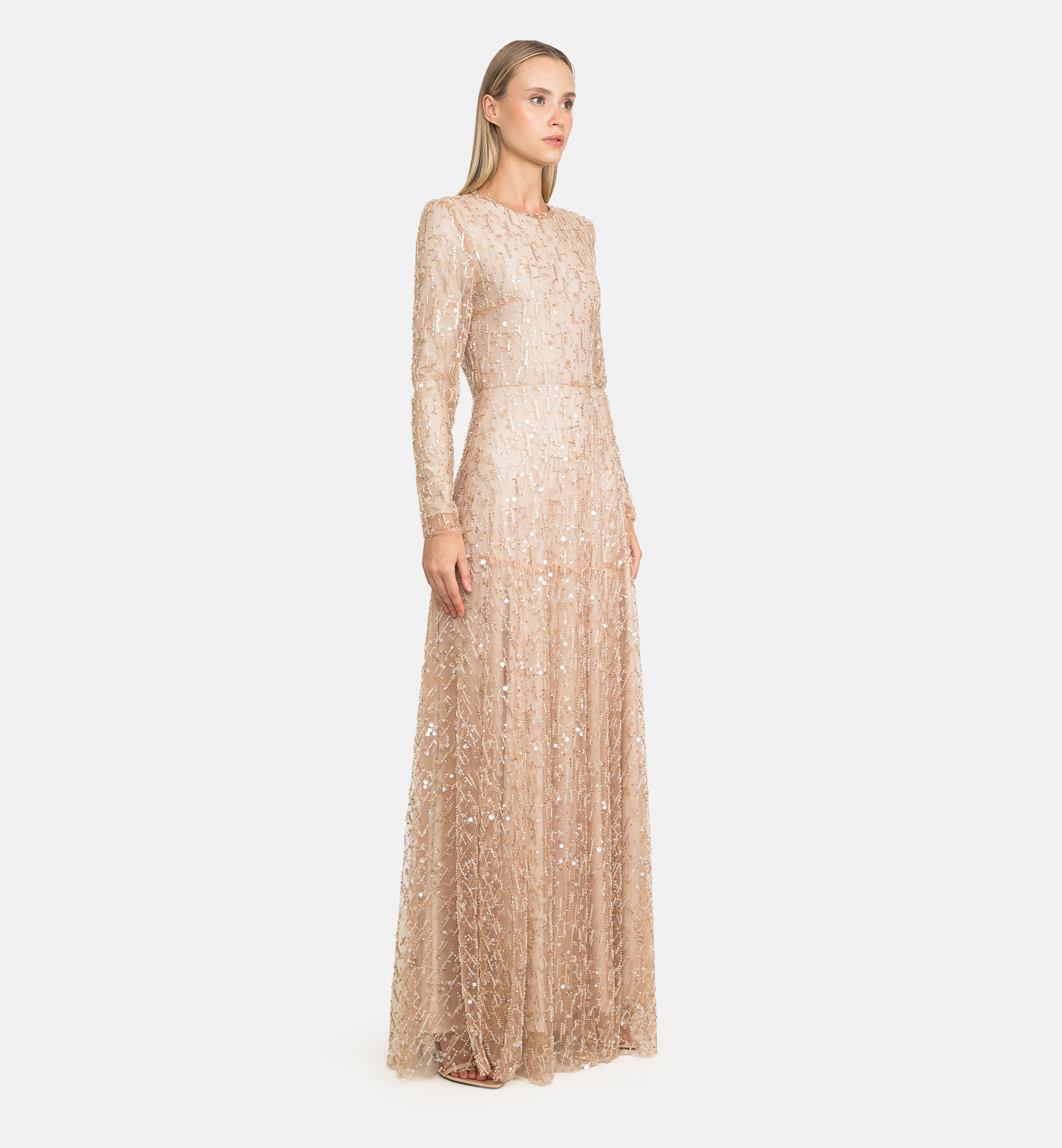 Mixed beaded tulle maxi dress, beige