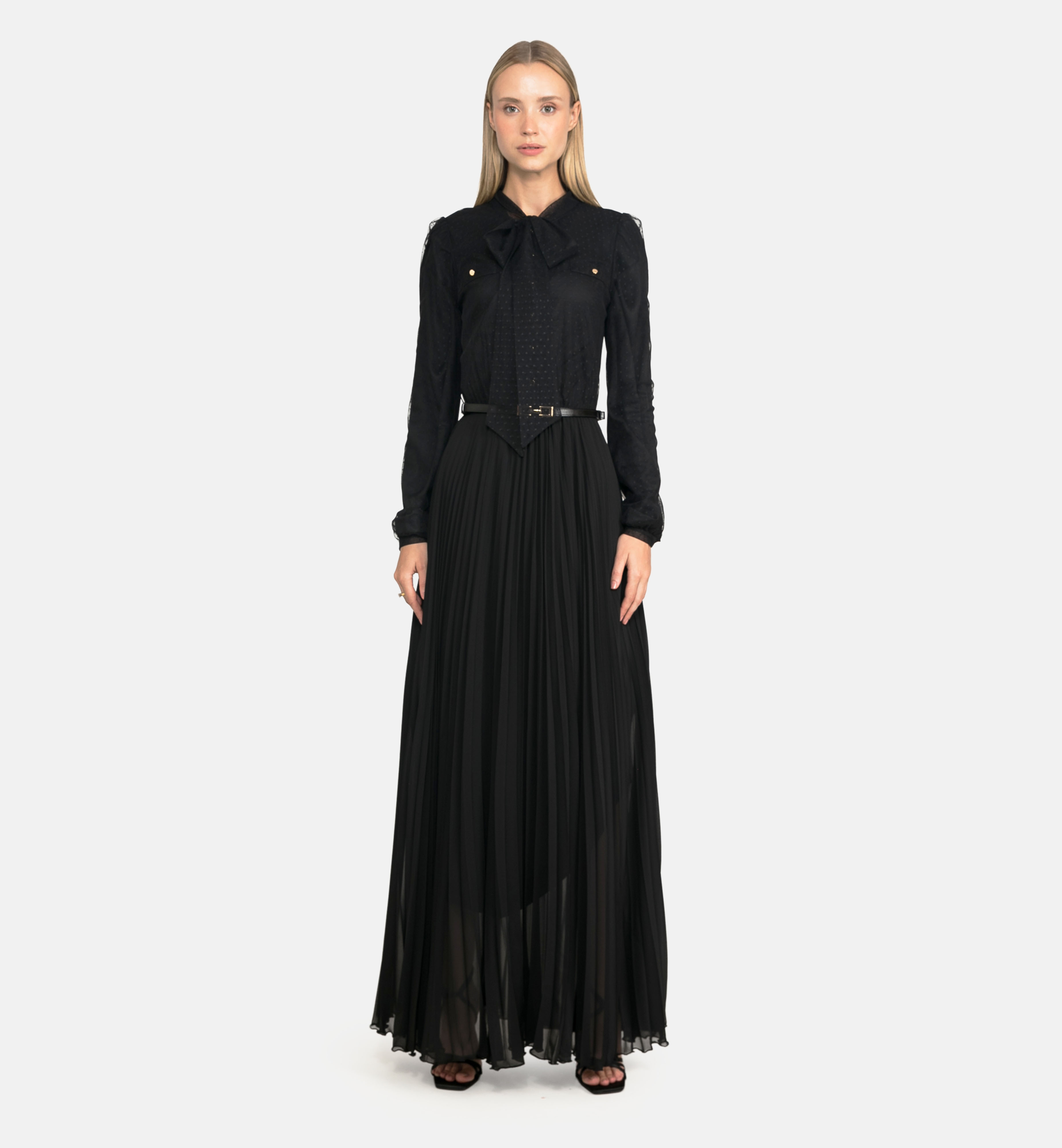 Polka-dot tulle and pleated chiffon dress, black