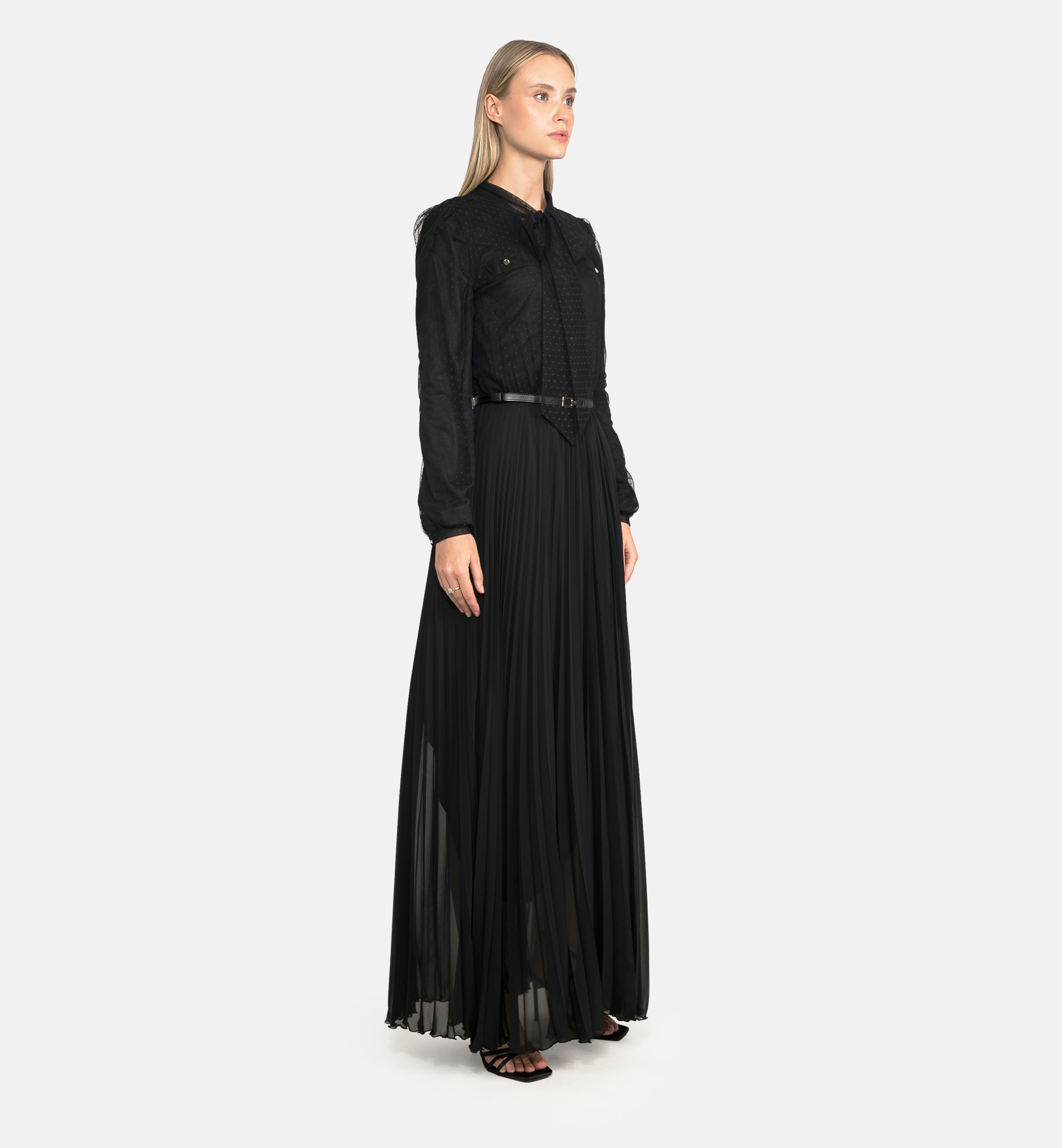 Polka-dot tulle and pleated chiffon dress, black
