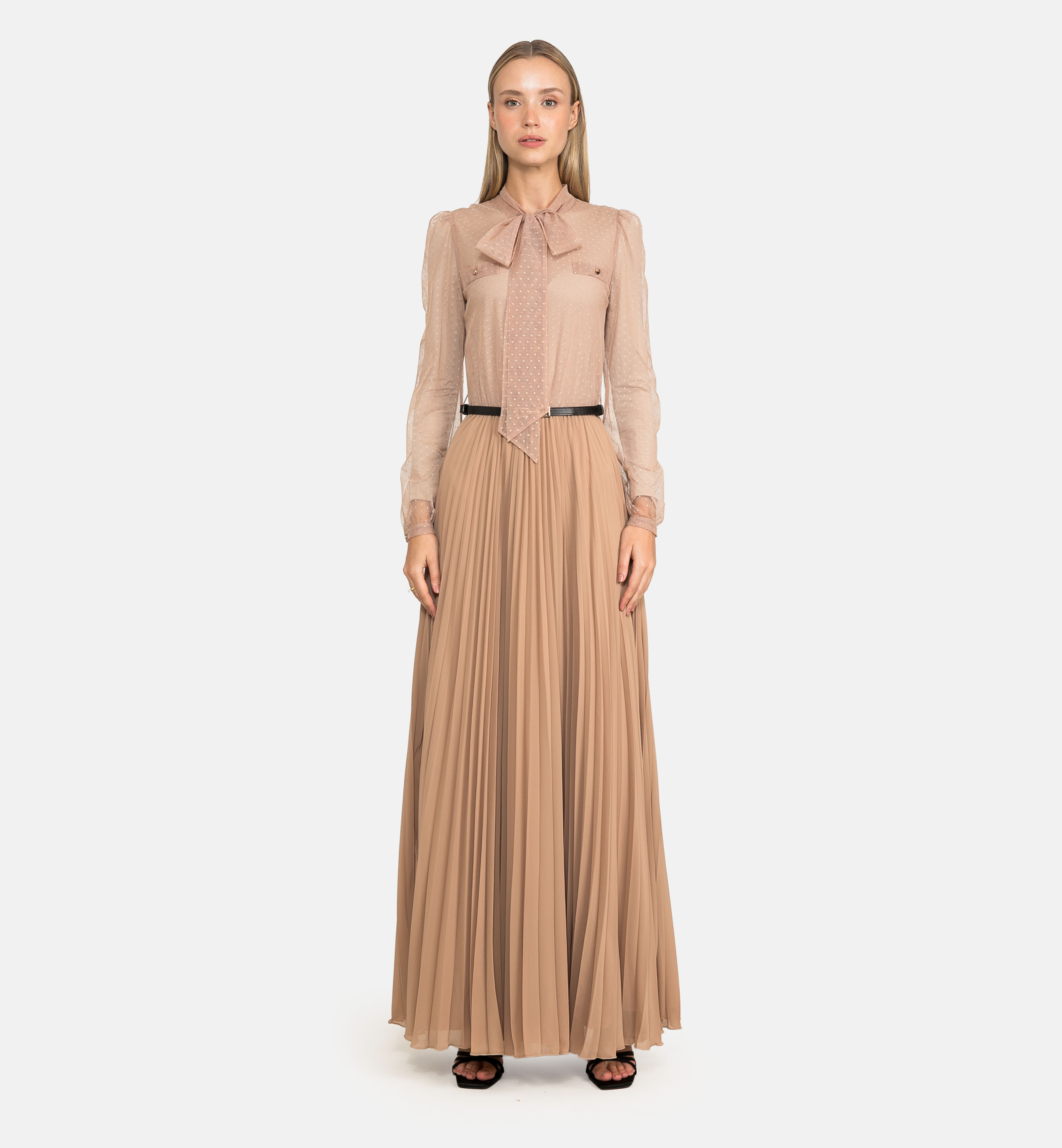 Polka-dot tulle and pleated chiffon dress, beige