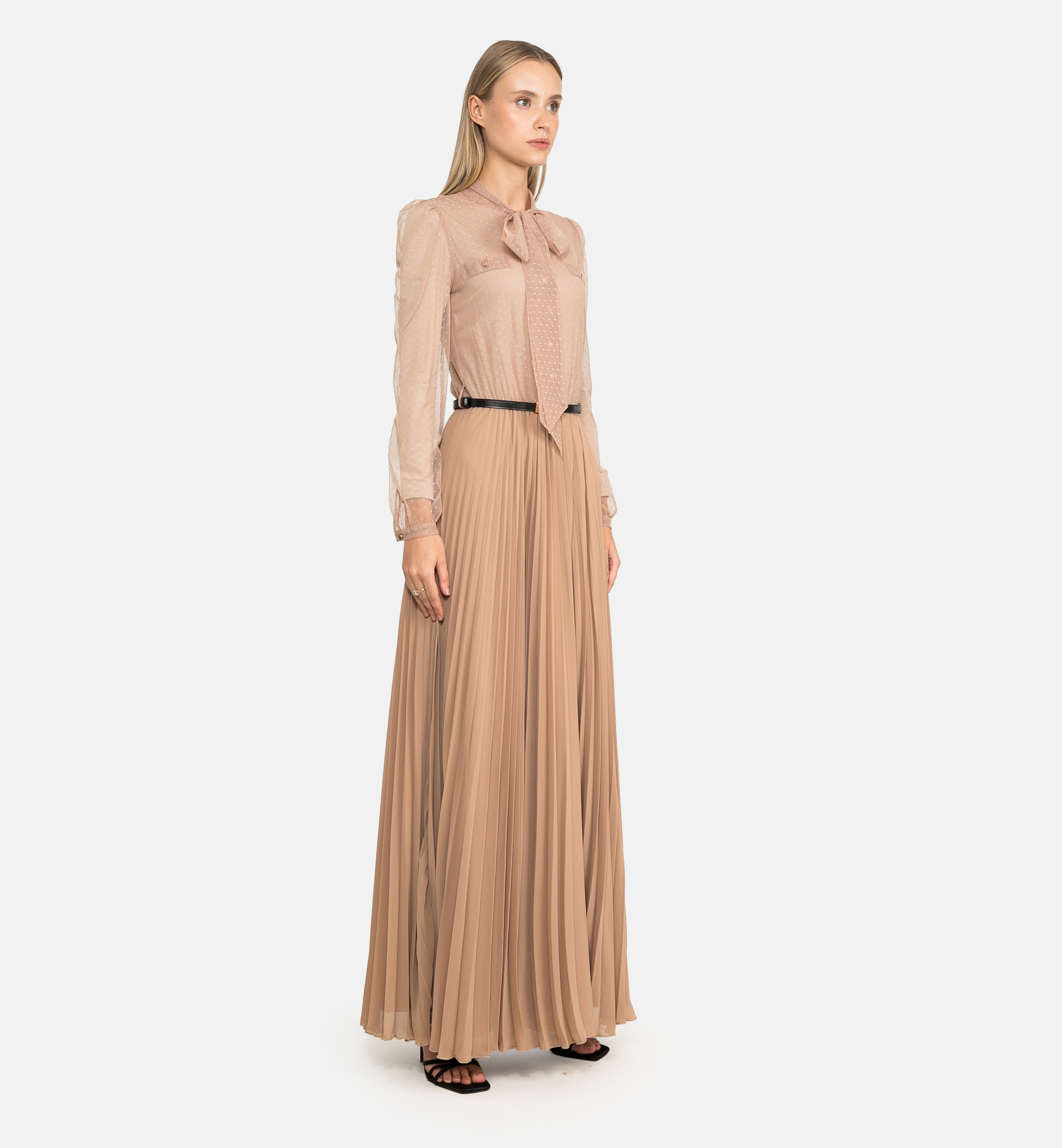 Polka-dot tulle and pleated chiffon dress, beige