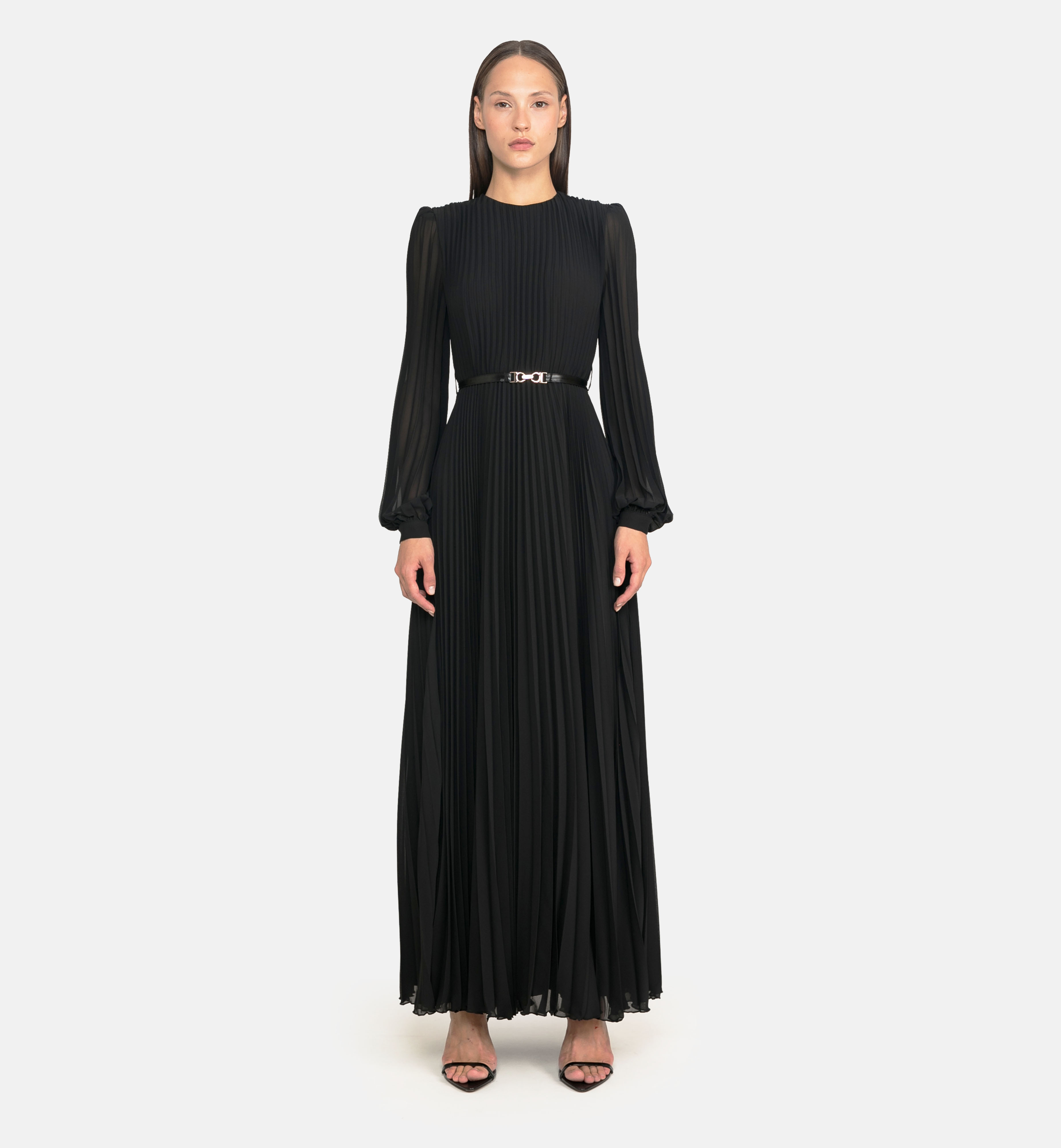 Pleated Chiffon Maxi Dress, black