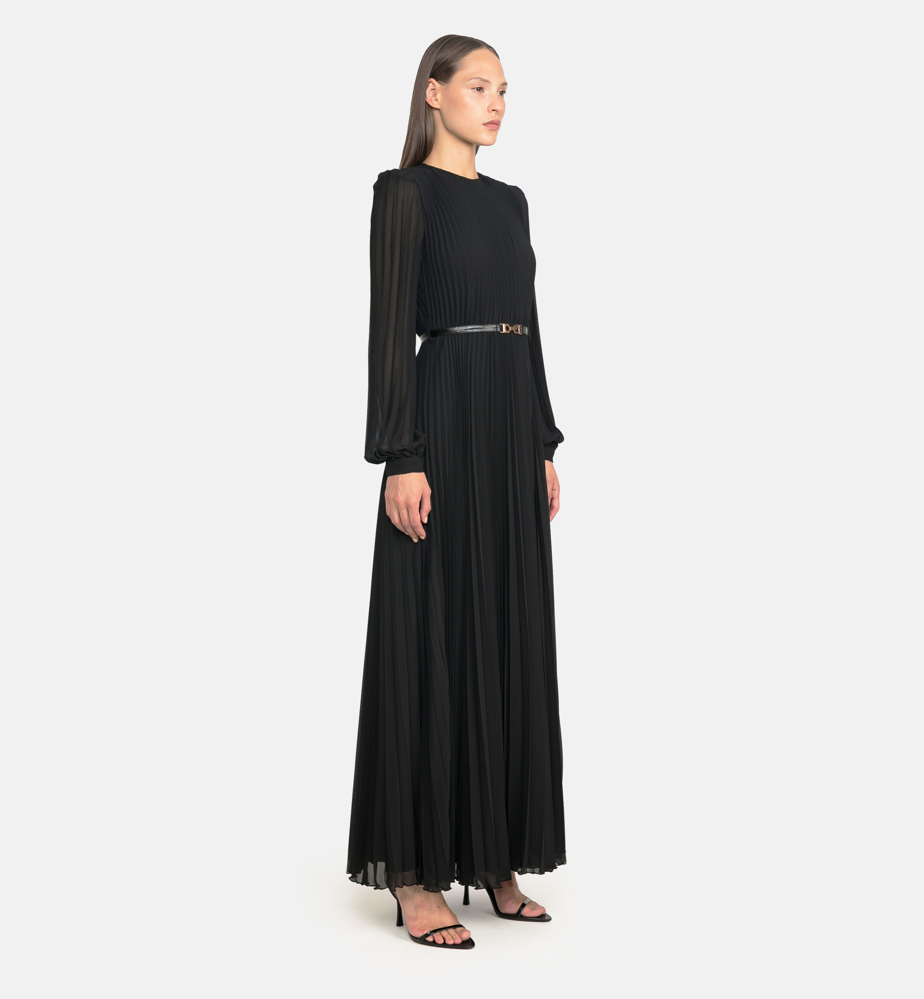 Pleated Chiffon Maxi Dress, black