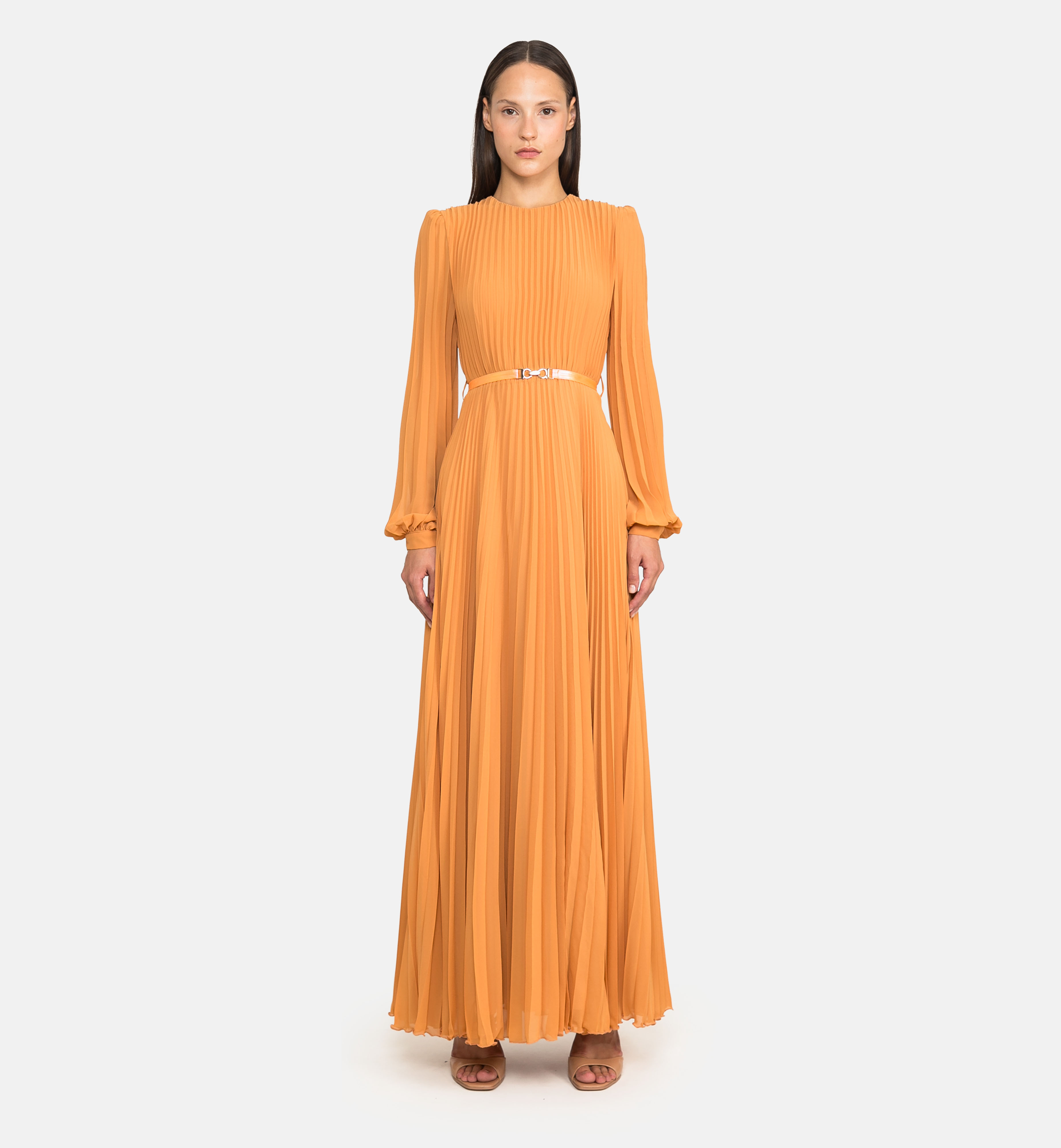 Pleated Chiffon Maxi Dress, orange
