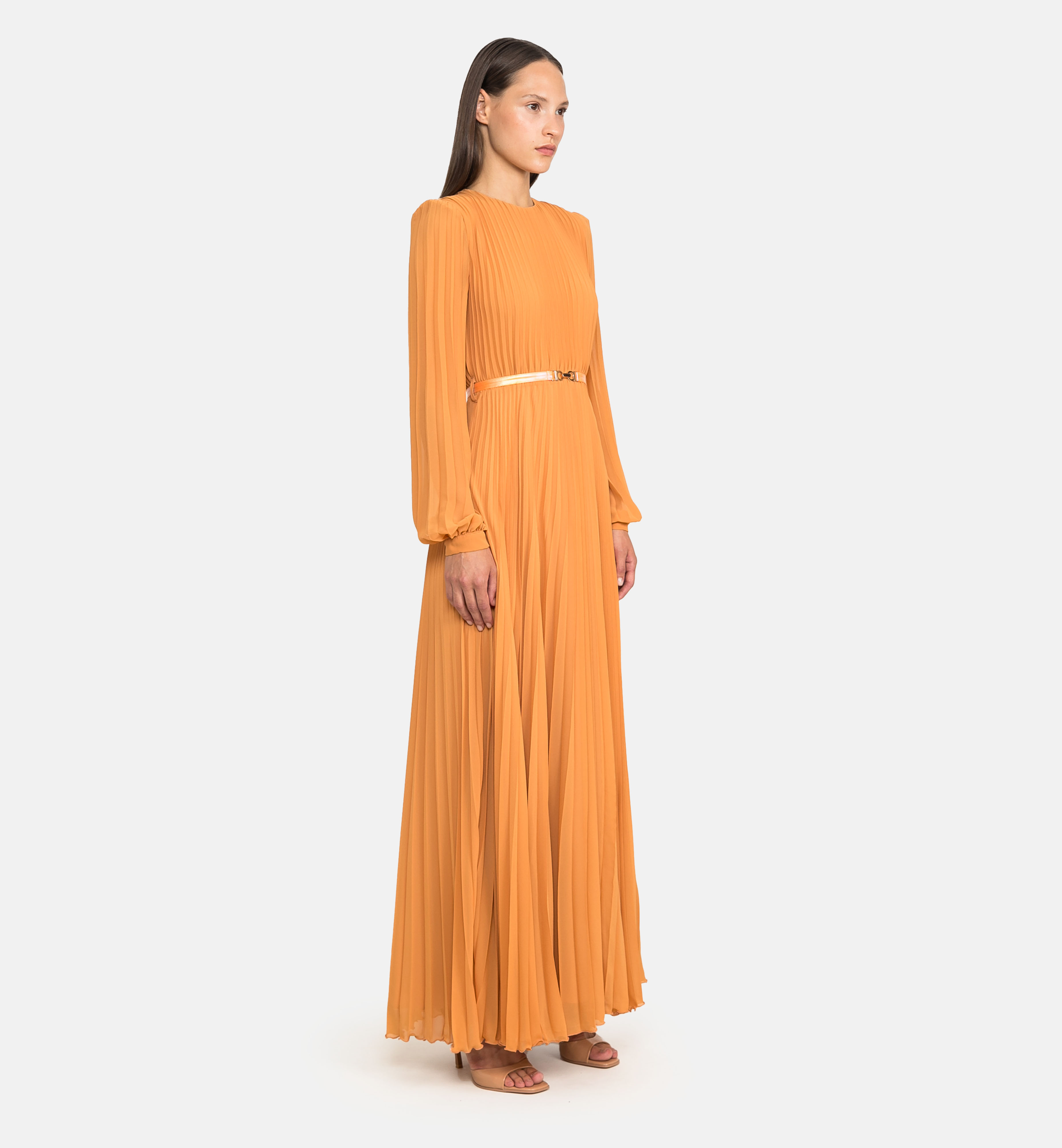 Pleated Chiffon Maxi Dress, orange