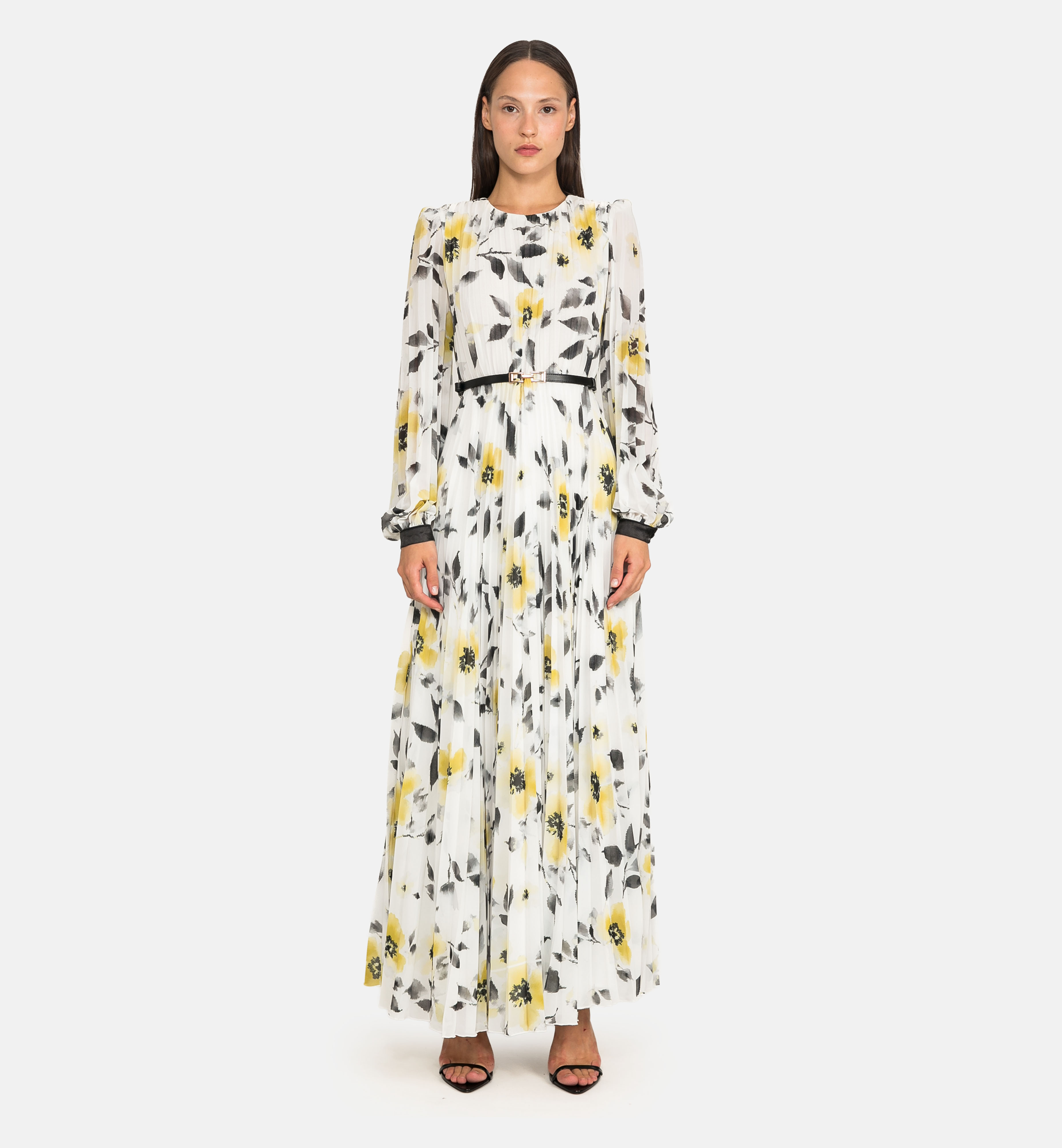 Printed pleated chiffon maxi dress, yellow
