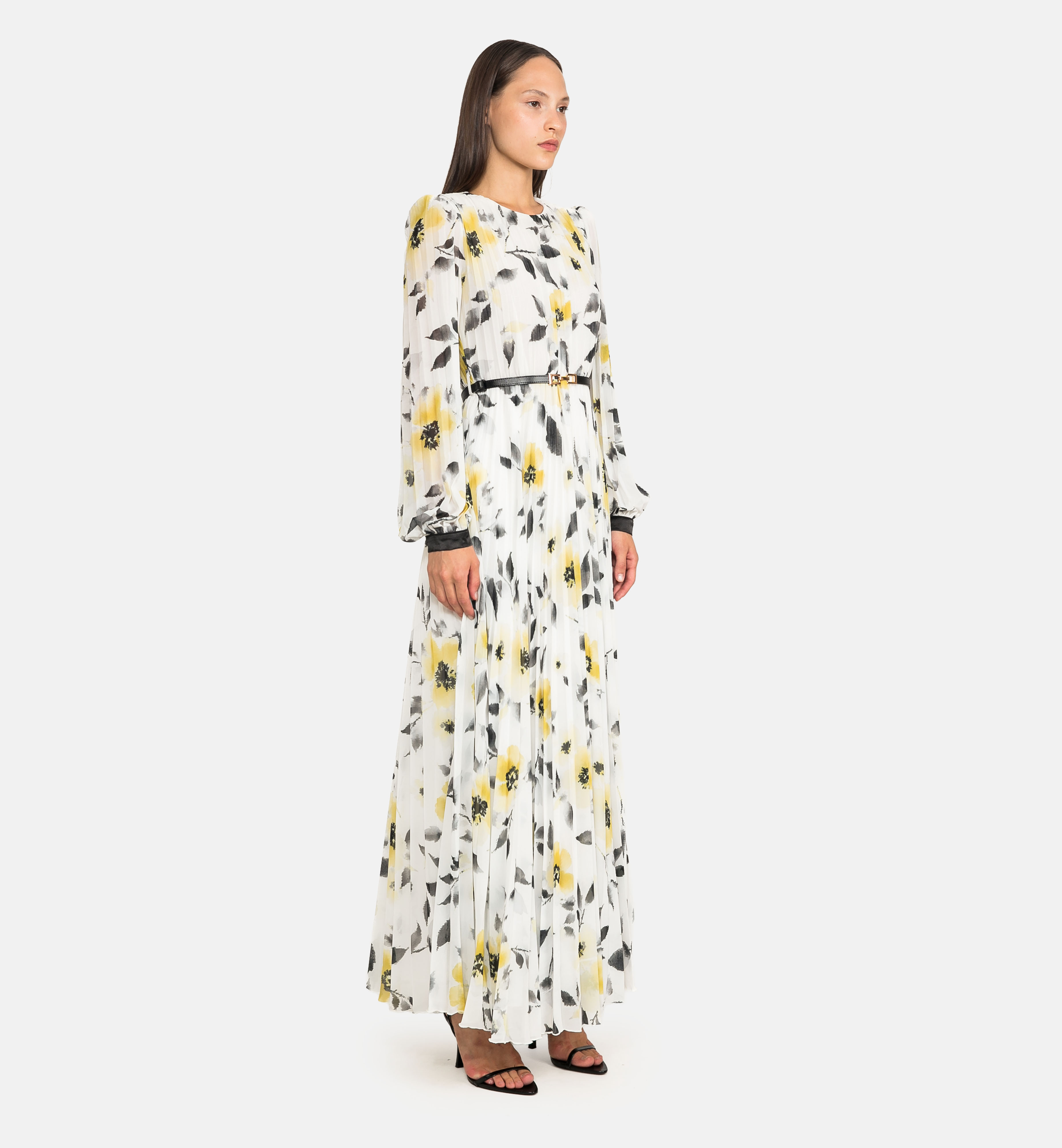 Printed pleated chiffon maxi dress, yellow
