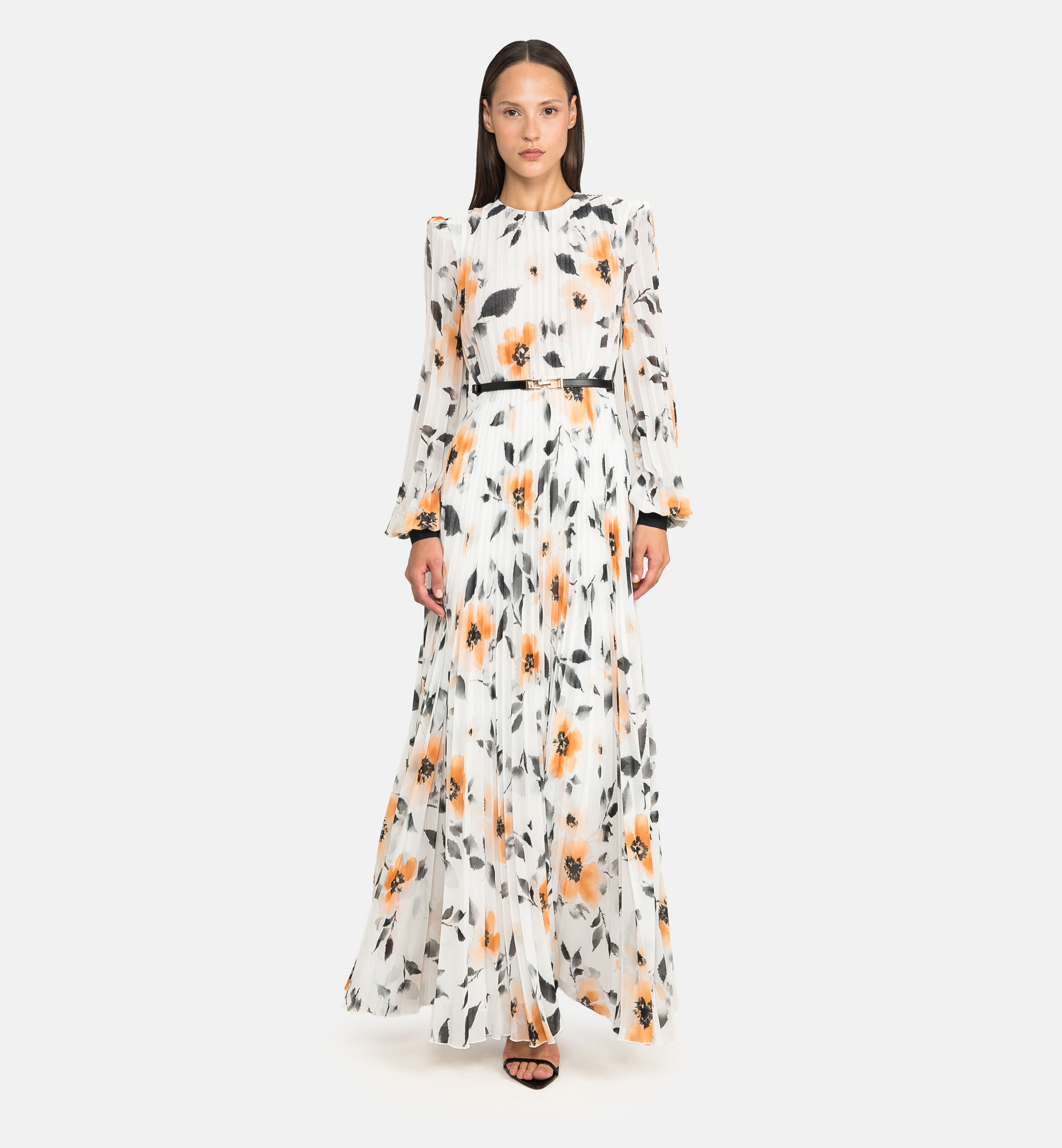 Printed pleated chiffon maxi dress, orange
