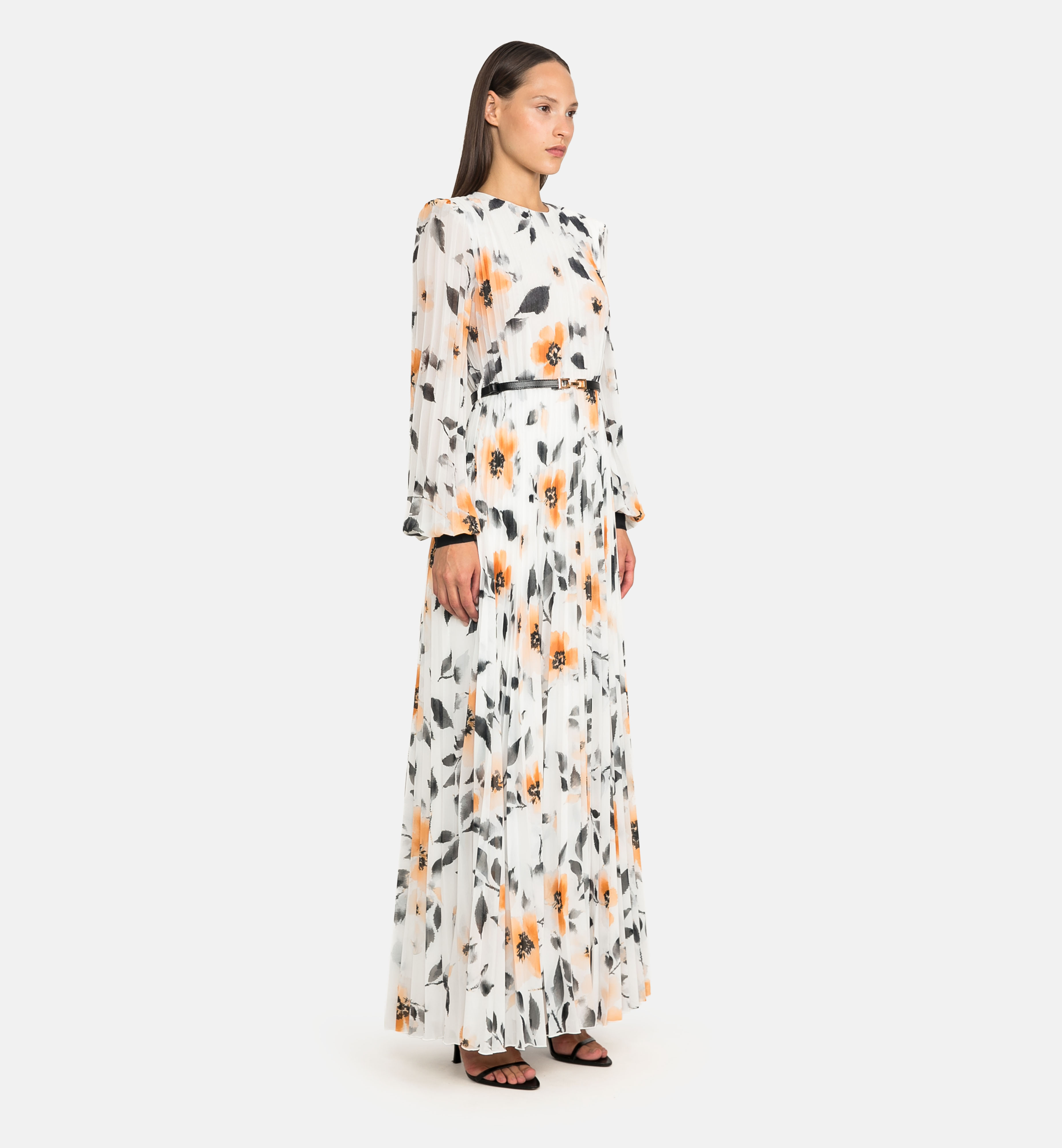 Printed pleated chiffon maxi dress, orange