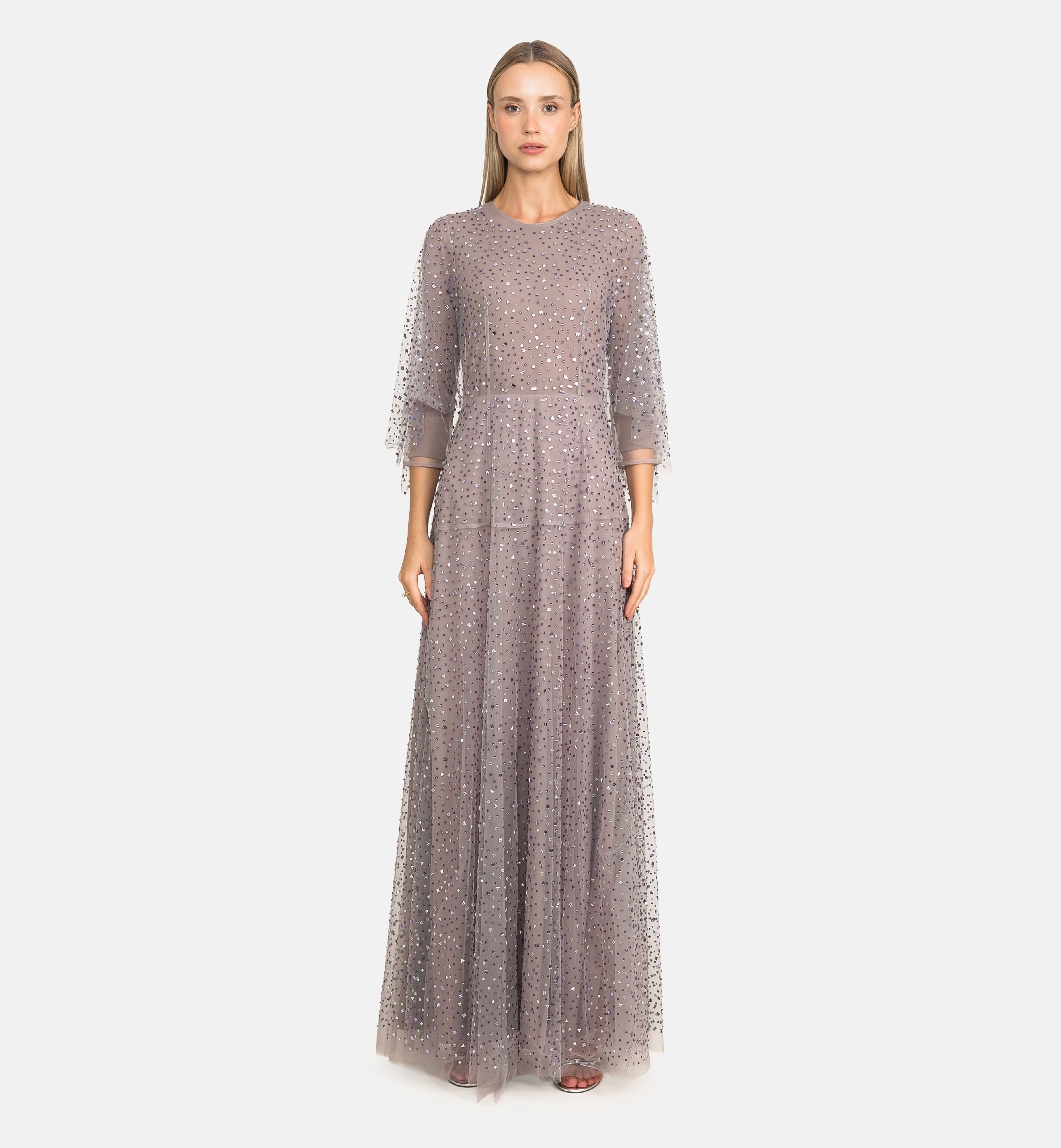 Tulle embellished cape maxi dress, purple