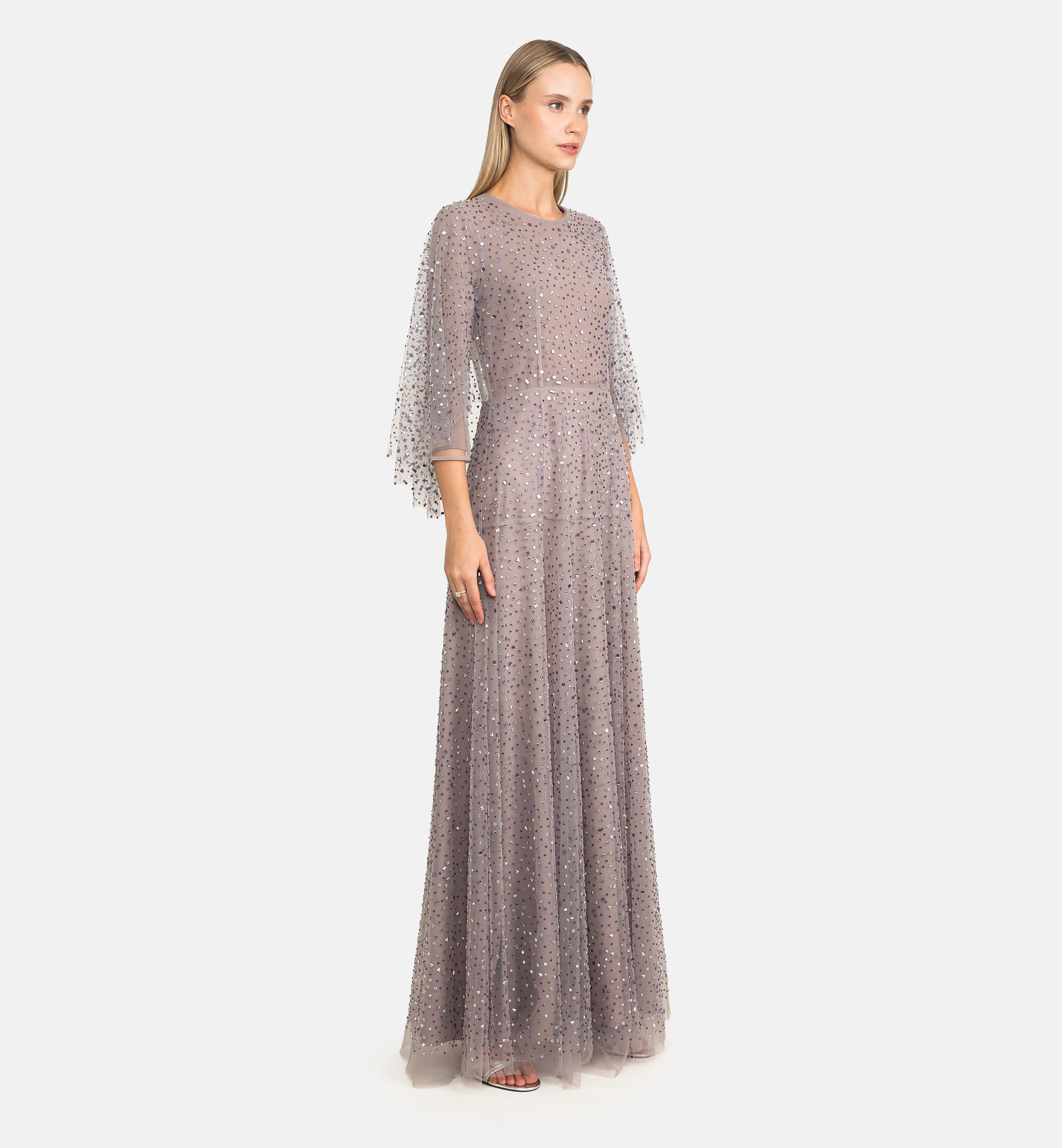Tulle embellished cape maxi dress, purple