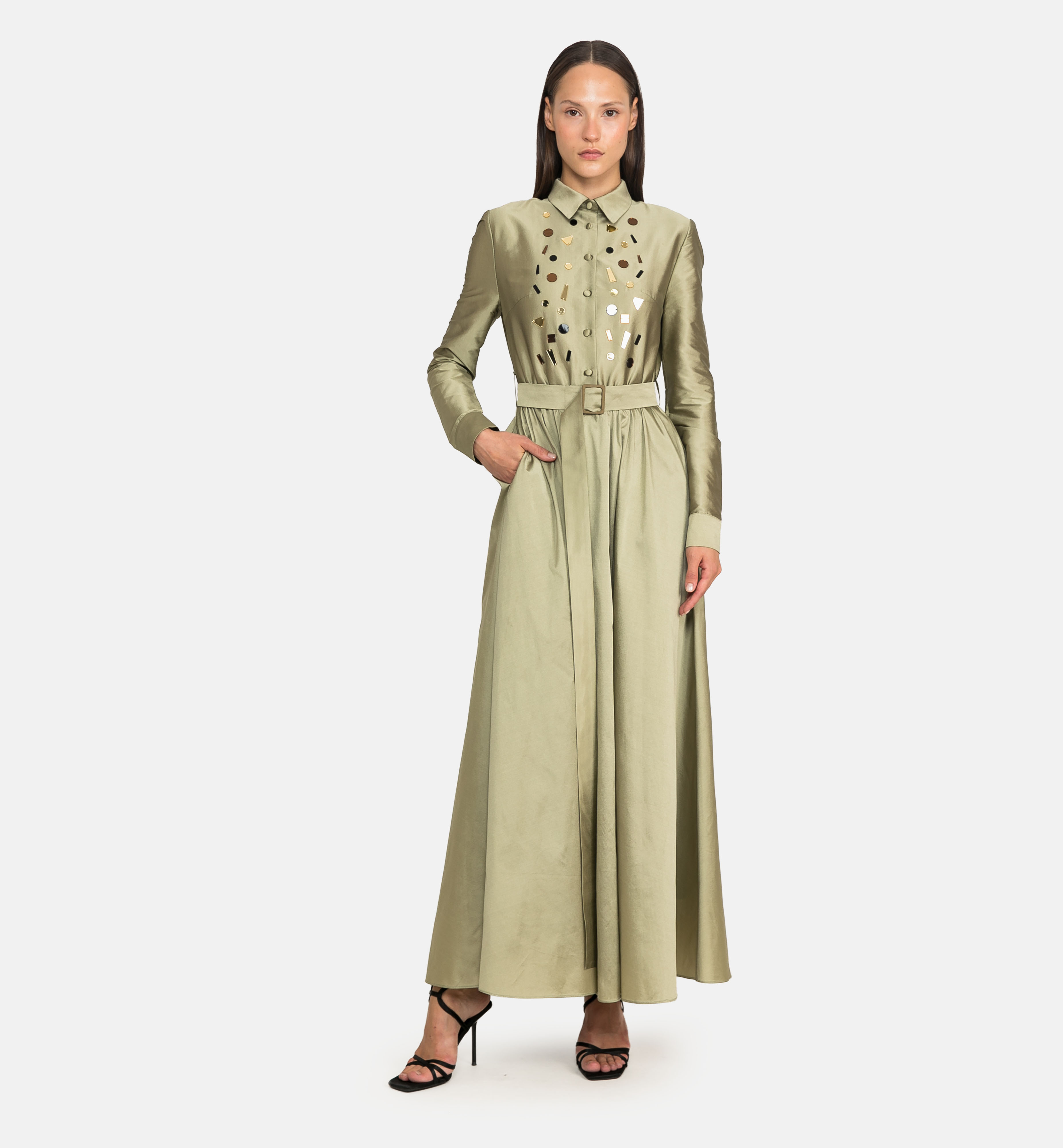 Buttoned taffeta midi dress with geometric embellishments, green