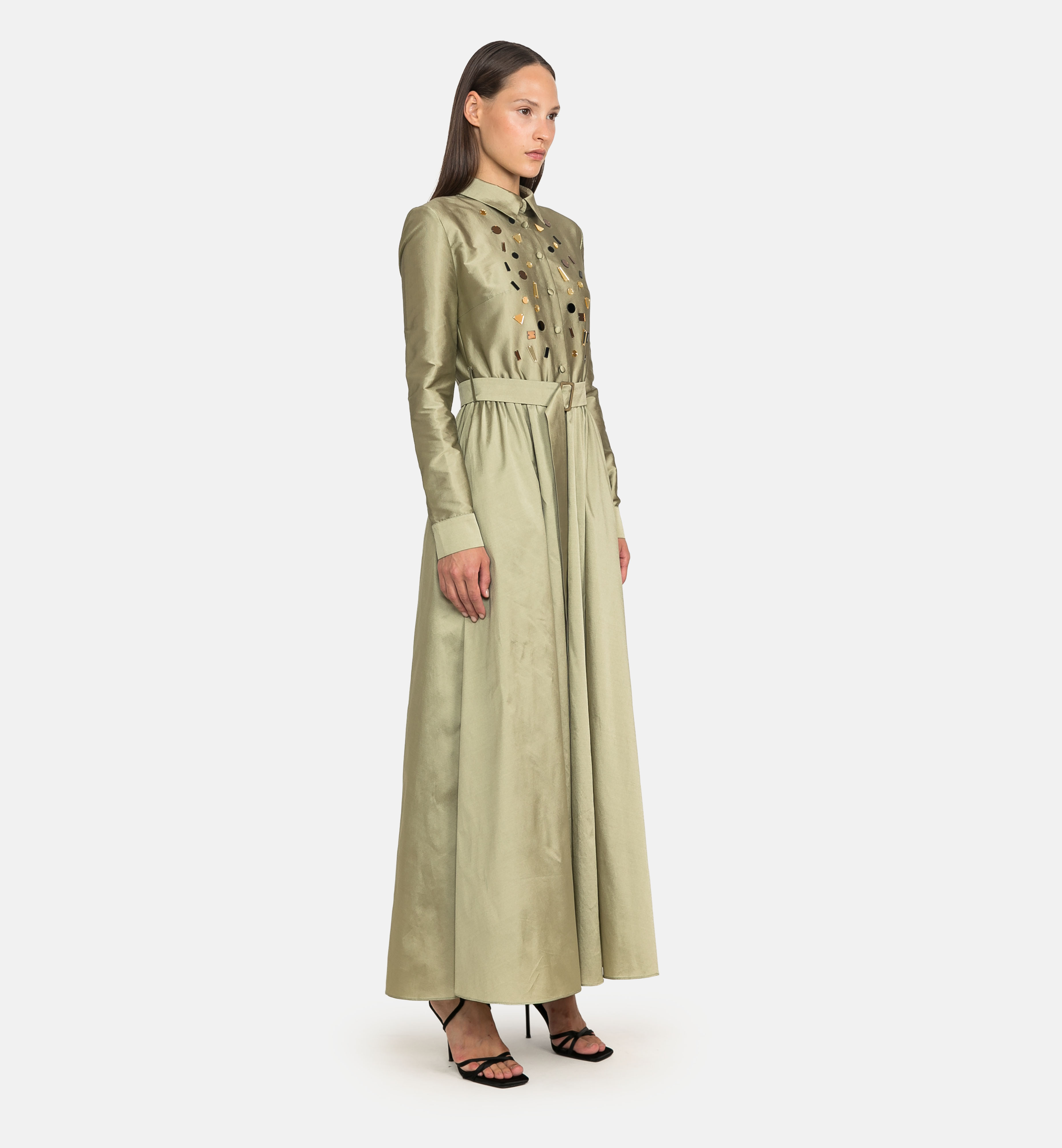 Buttoned taffeta midi dress with geometric embellishments, green