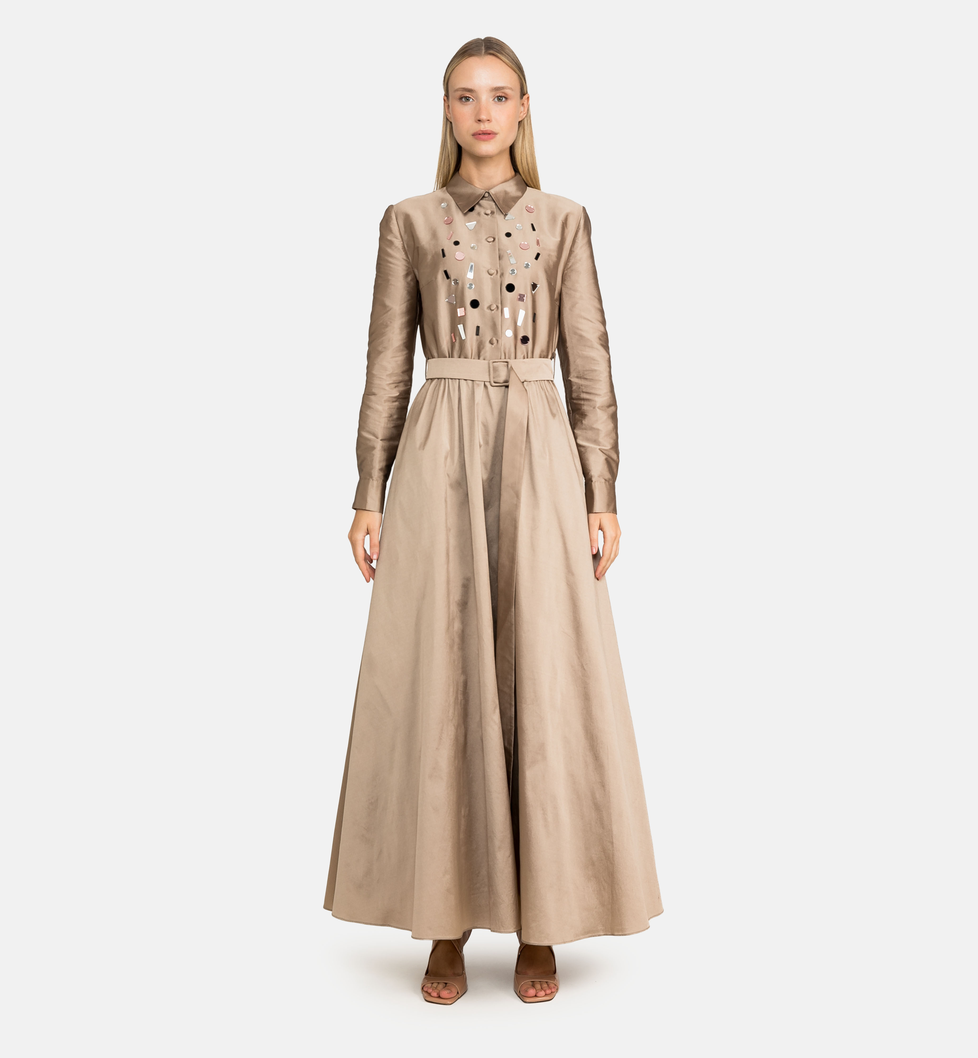 Buttoned taffeta midi dress with geometric embellishments, bronze